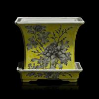 A Chinese Grisaille Decorated Yellow Ground Porcelain Rectangular 'Peony' Jardinière and Stand, Late Qing/Republic Period, Tihe Dianzhi Iron-Red Seal Mark 晚清-民國 黃地墨彩花卉紋長方水仙盆及承盤一套