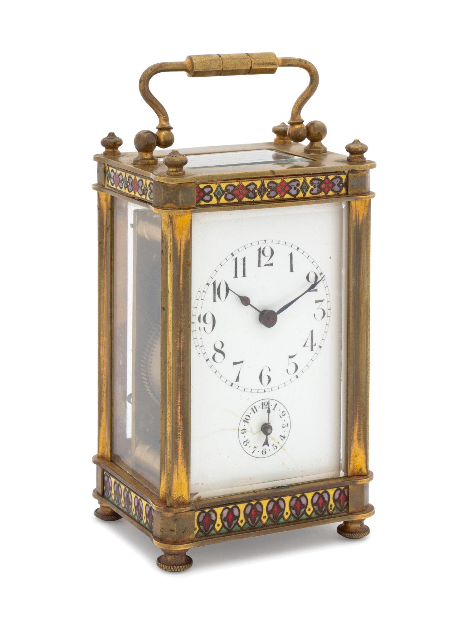 A French Brass and Champleve Enamel Carriage Clock with a Leather Case — 20th Century