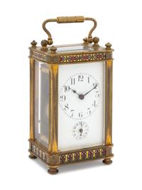 A French Brass and Champleve Enamel Carriage Clock with a Leather Case — 20th Century