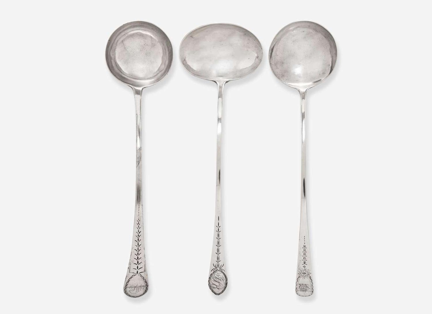 A group of three Federal silver punch ladles, William Garret Forbes (1751-1840), New York, NY, Isaac Hutton (1766-1855), Albany, NY, and John Bedford (active 1782-1834), Fishkill, NY, circa 1790