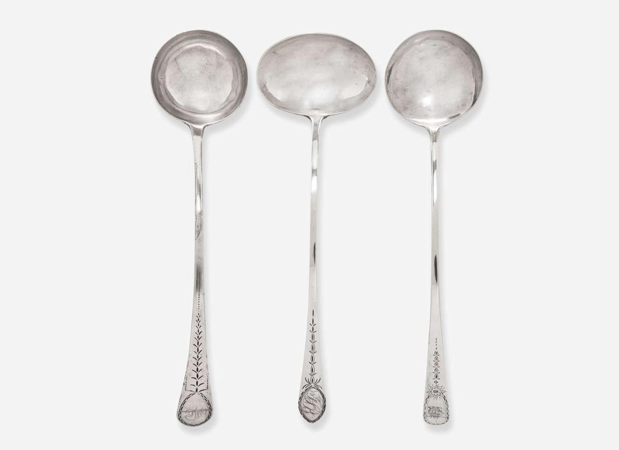 A group of three Federal silver punch ladles, William Garret Forbes (1751-1840), New York, NY, Isaac Hutton (1766-1855), Albany, NY, and John Bedford (active 1782-1834), Fishkill, NY, circa 1790