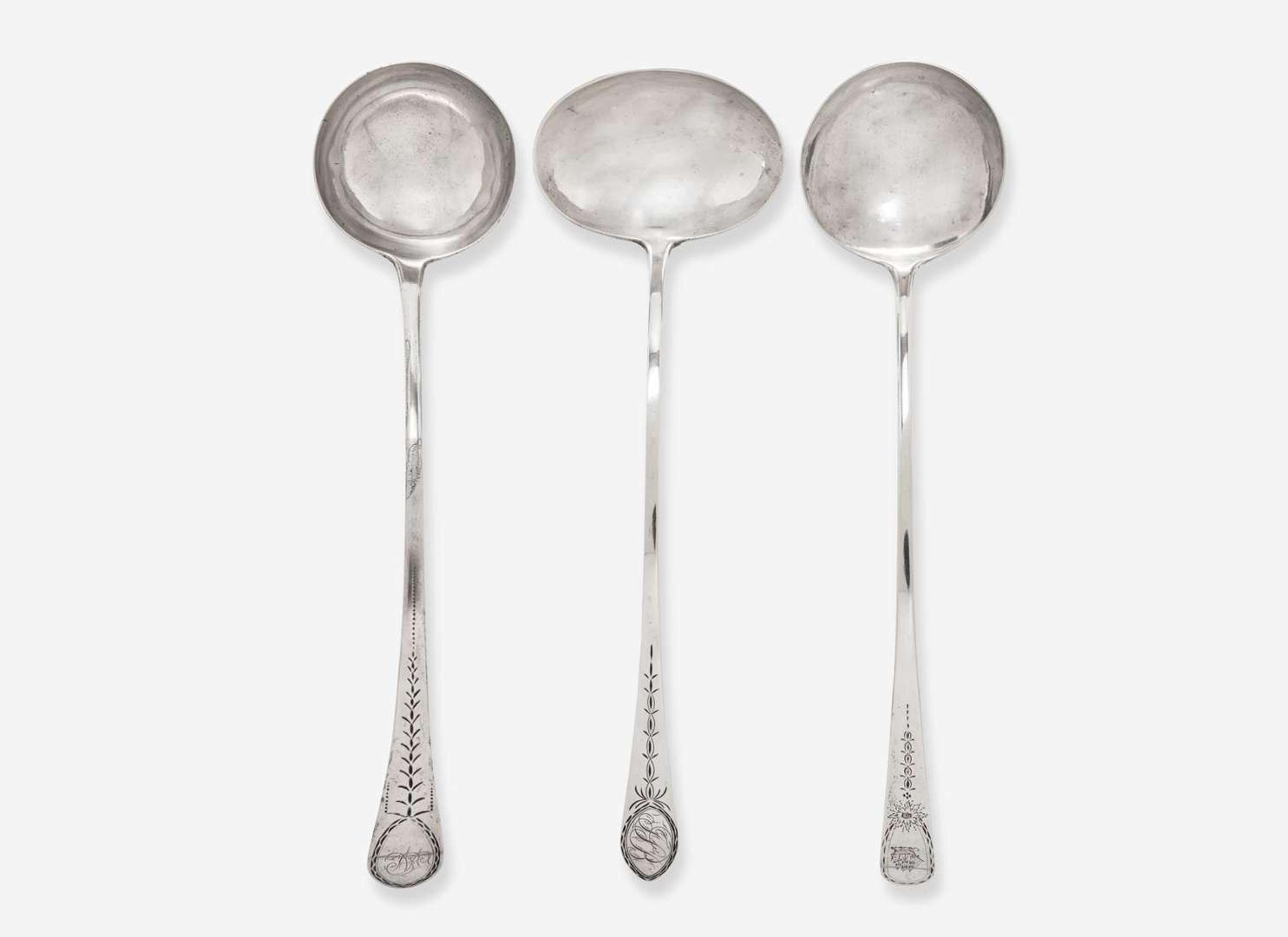 A group of three Federal silver punch ladles, William Garret Forbes (1751-1840), New York, NY, Isaac Hutton (1766-1855), Albany, NY, and John Bedford (active 1782-1834), Fishkill, NY, circa 1790