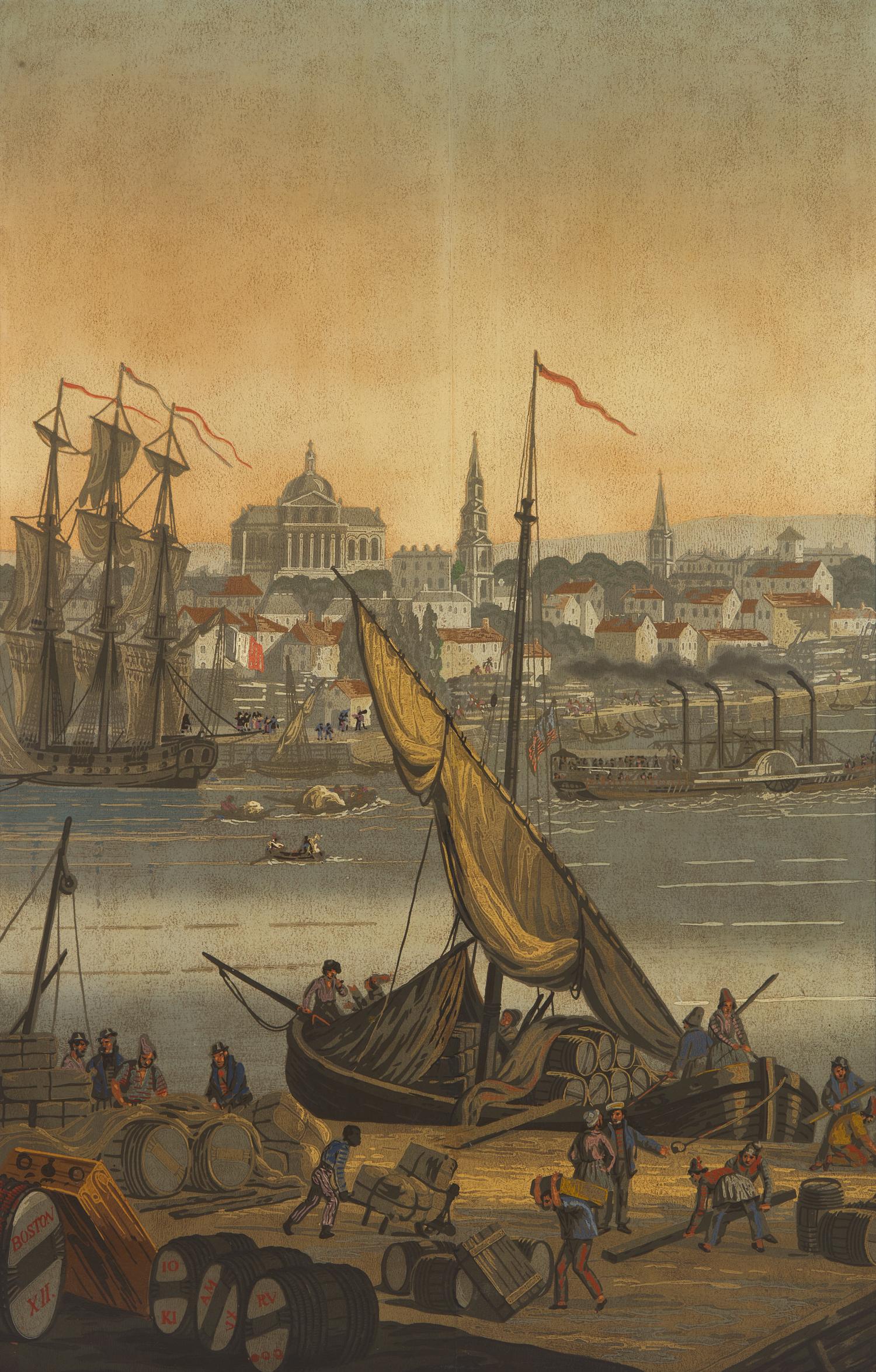 A Zuber & Cie Three-Panel Wallpaper "Vues D'Amerique du Nord" Depicting Boston Harbor