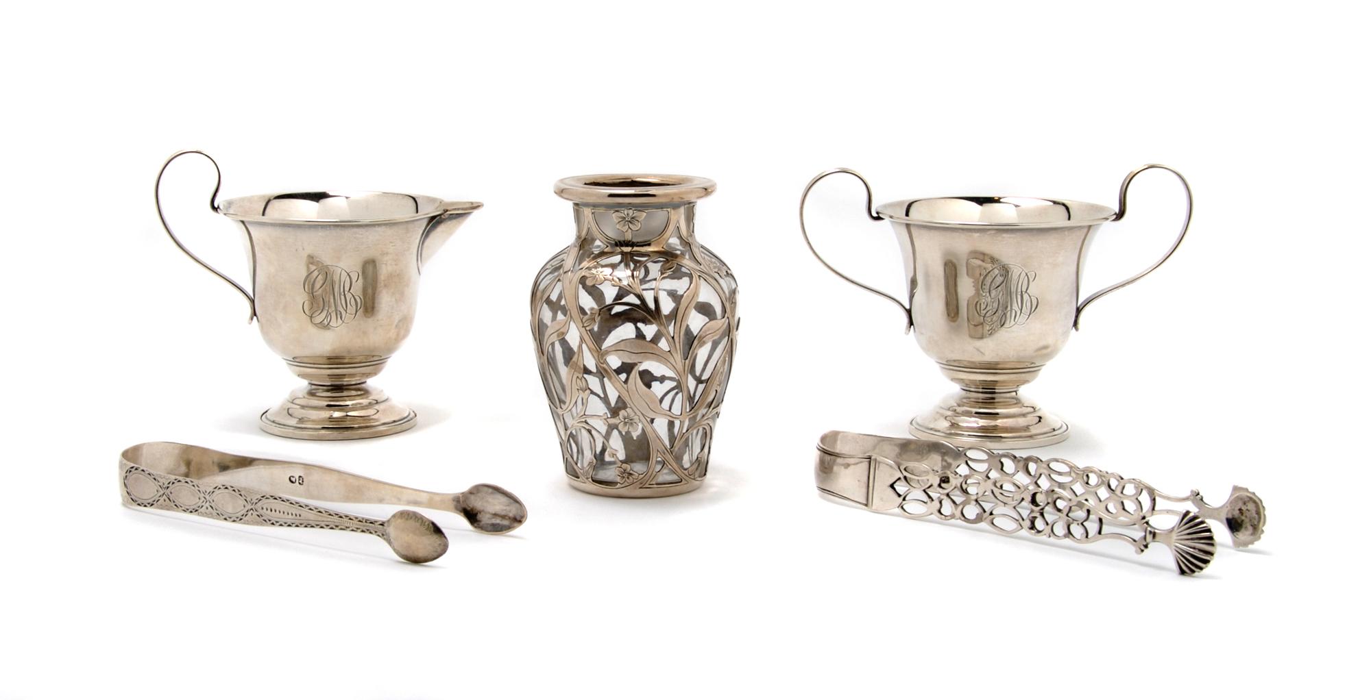 An American Sterling Silver Creamer and Sugar, Clarence A. Vanderbilt, Height 3 3/4 inches.