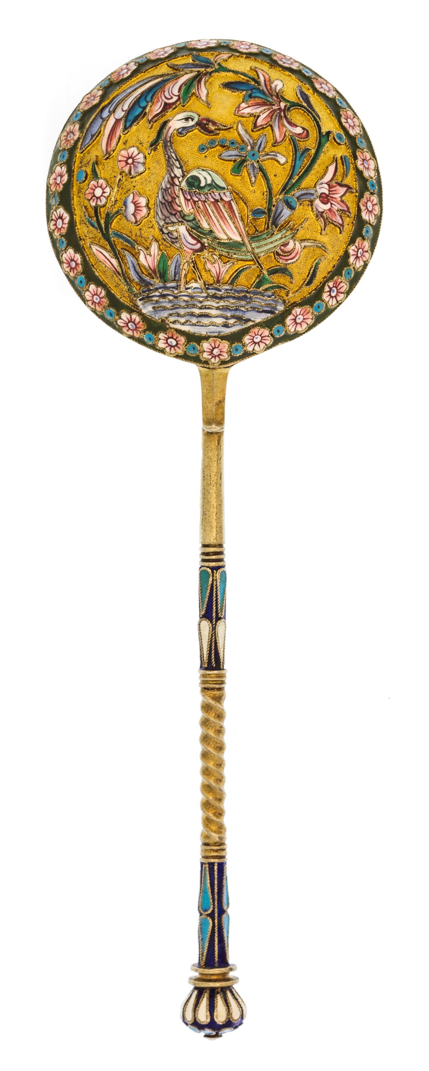 A Russian Silver-Gilt and Enamel Spoon, Mark of Nikolai Zverev, Moscow, early 20th century, having an enameled finial on a twist stem,