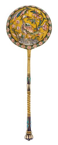 A Russian Silver-Gilt and Enamel Spoon, Mark of Nikolai Zverev, Moscow, early 20th century, having an enameled finial on a twist stem,