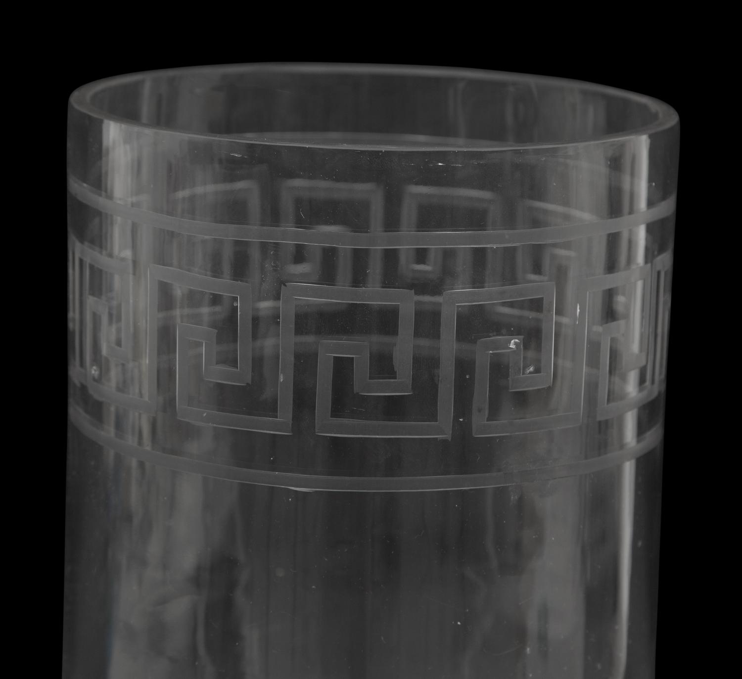 A Triple Etched Banded Greek Key Hurricane Lamp