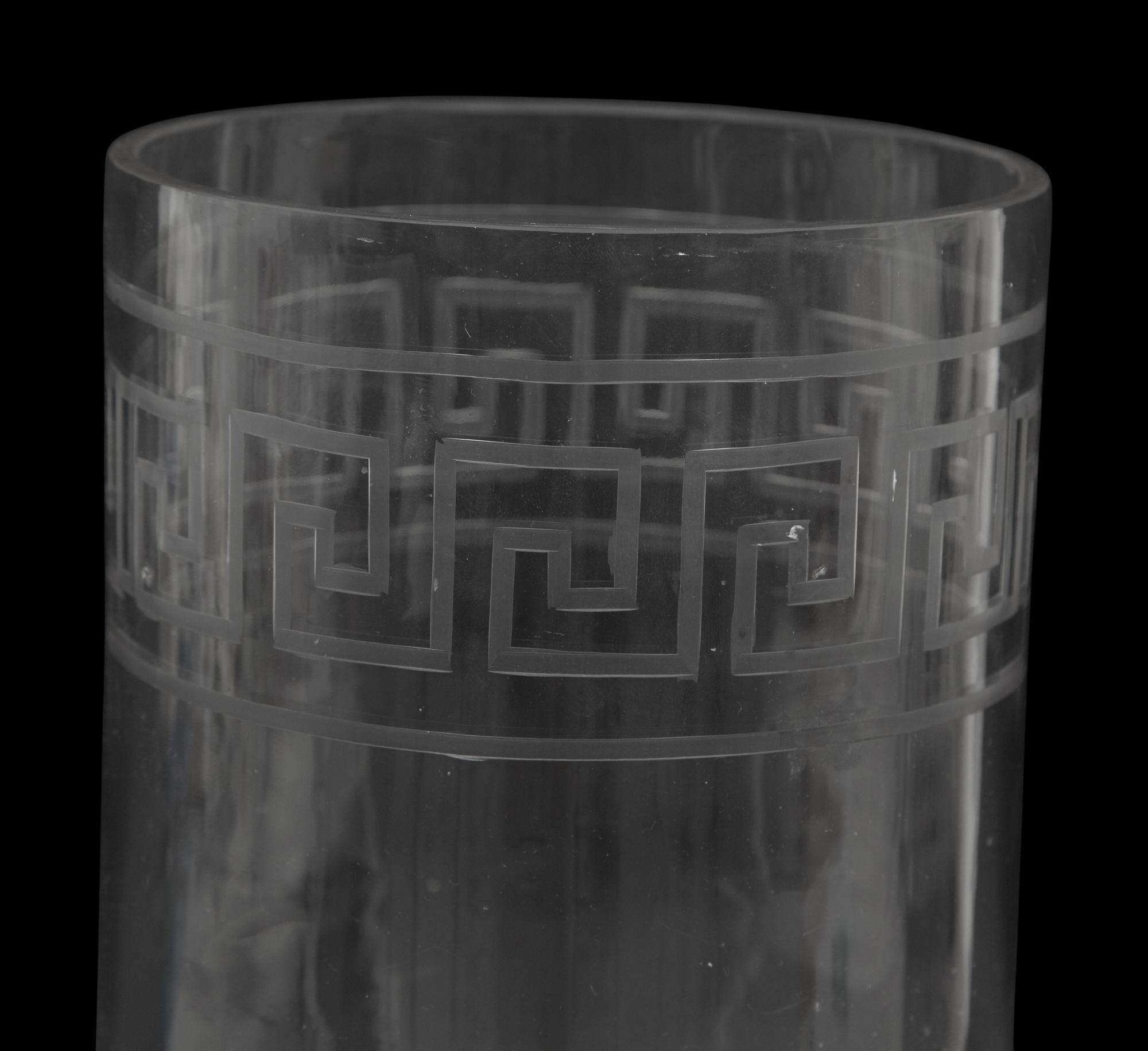 A Triple Etched Banded Greek Key Hurricane Lamp