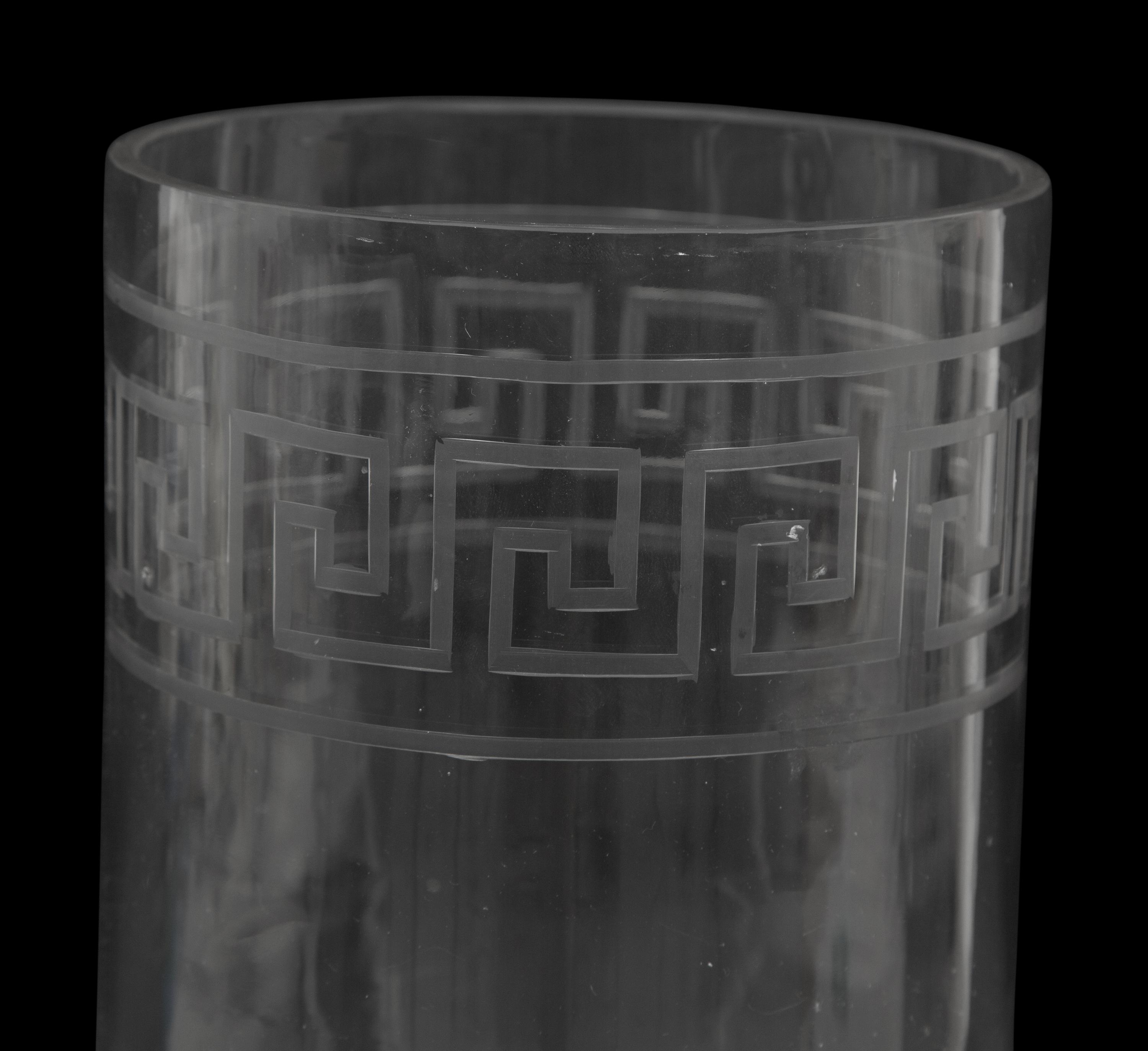A Triple Etched Banded Greek Key Hurricane Lamp