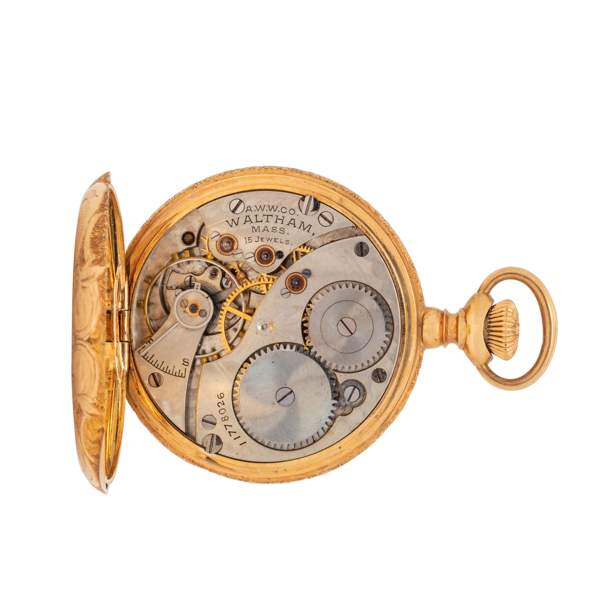 WALTHAM, 14K YELLOW GOLD HUNTER CASE POCKET WATCH