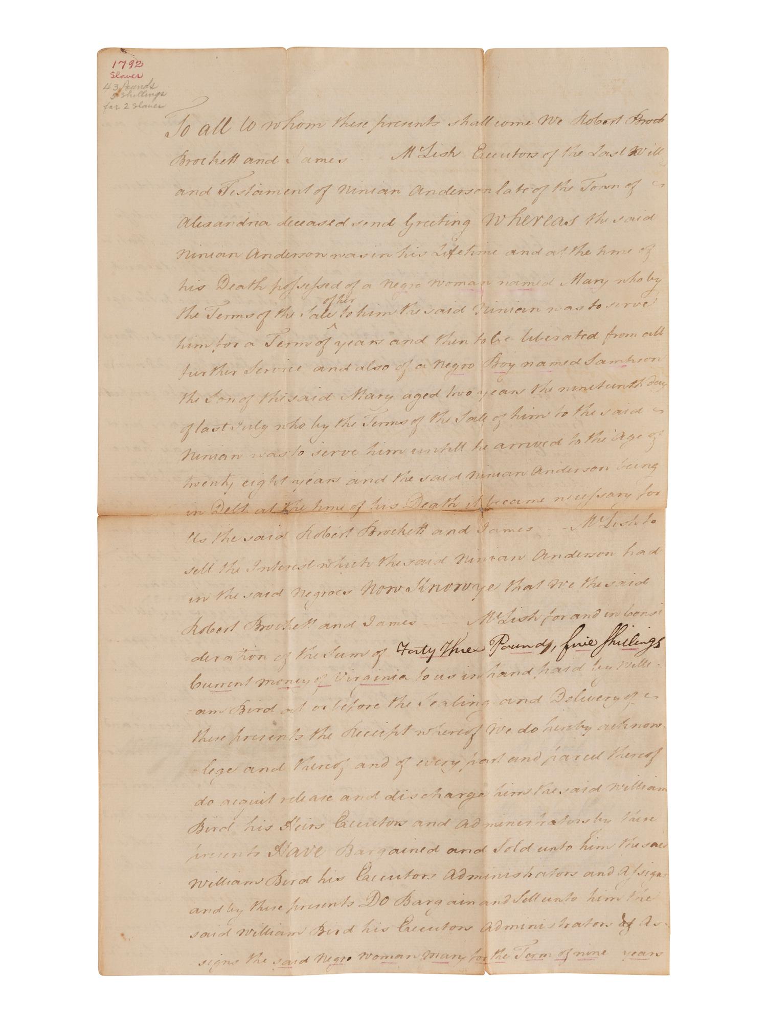 [ENSLAVEMENT]. Estate document manumitting enslaved persons after certain terms of service. 1792.