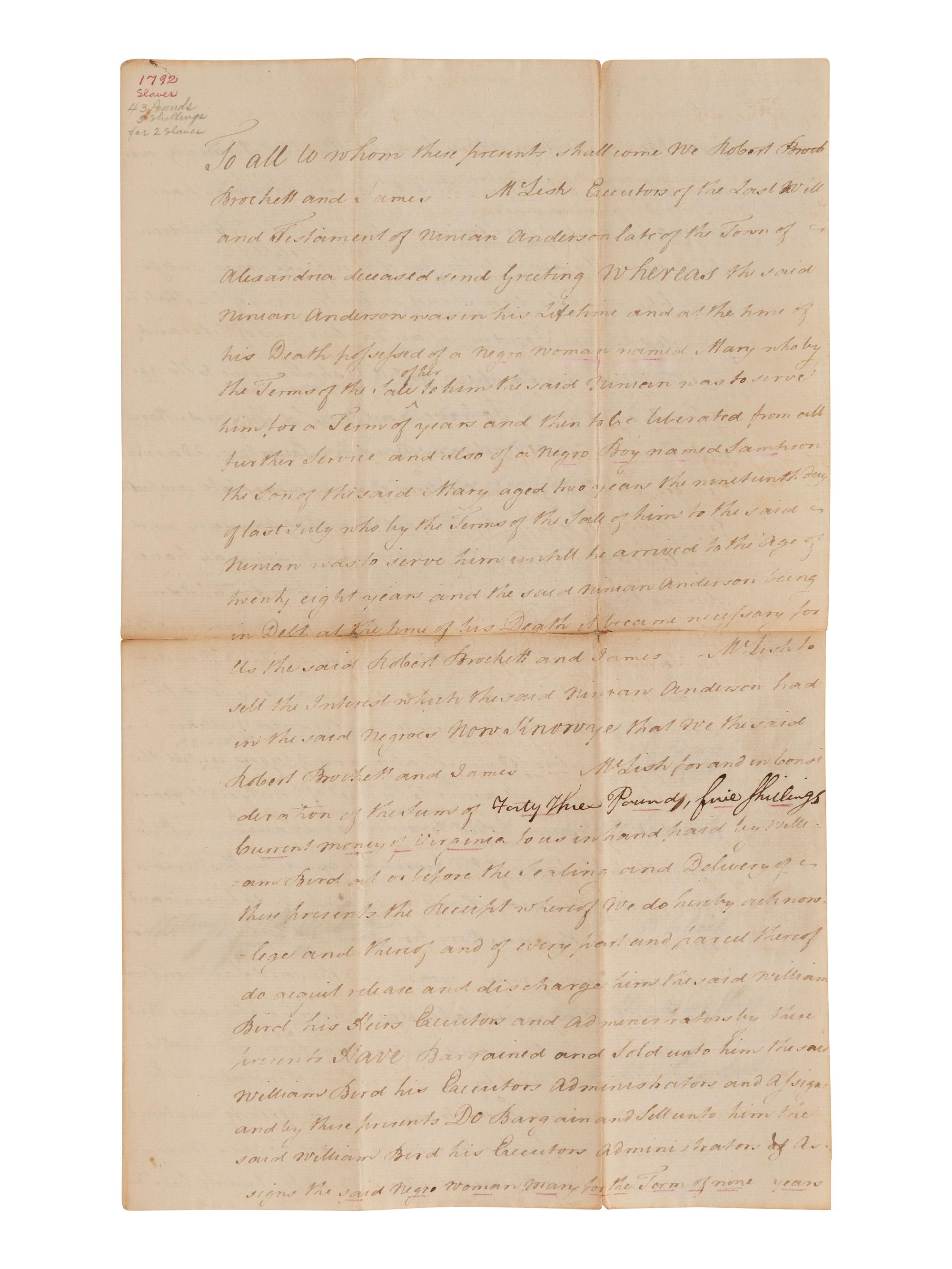 [ENSLAVEMENT]. Estate document manumitting enslaved persons after certain terms of service. 1792.