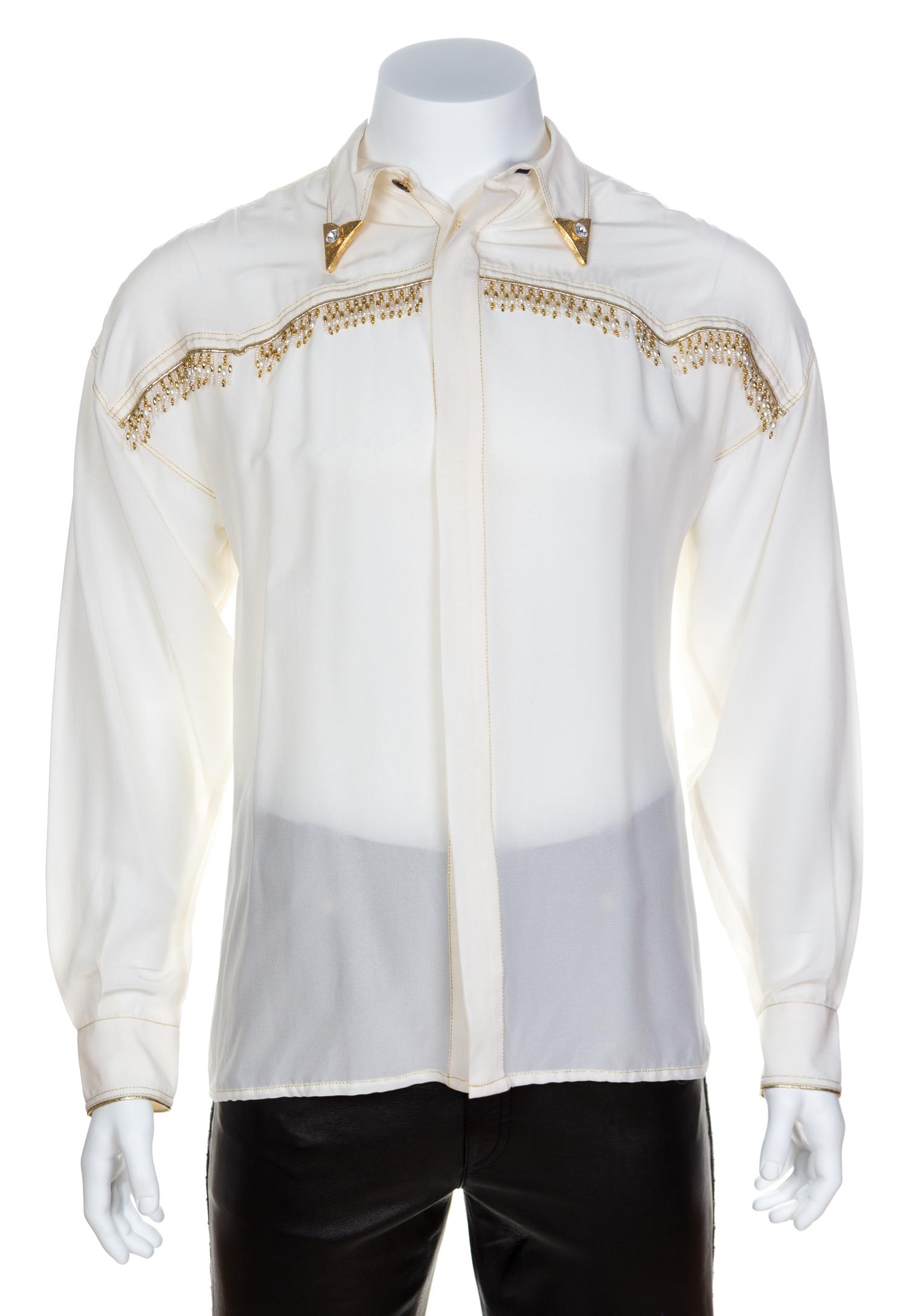 A Gianni Versace Cream Rayon and Silk Bead Embellished Men's Shirt, Size 50.