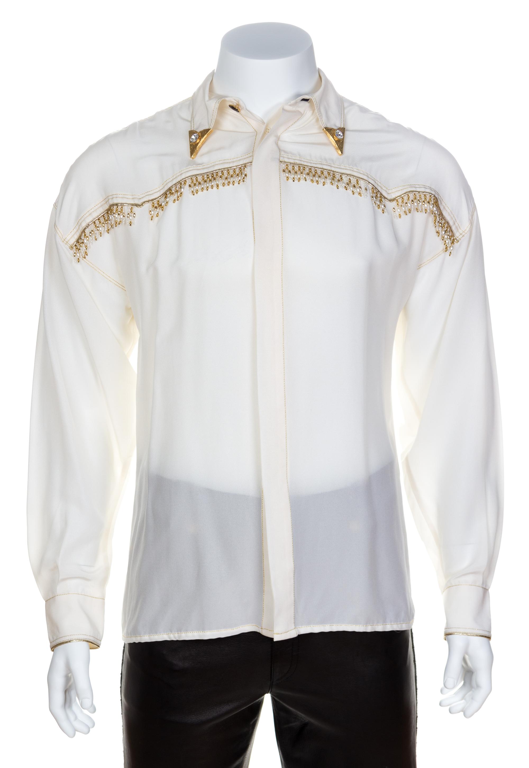 A Gianni Versace Cream Rayon and Silk Bead Embellished Men's Shirt, Size 50.