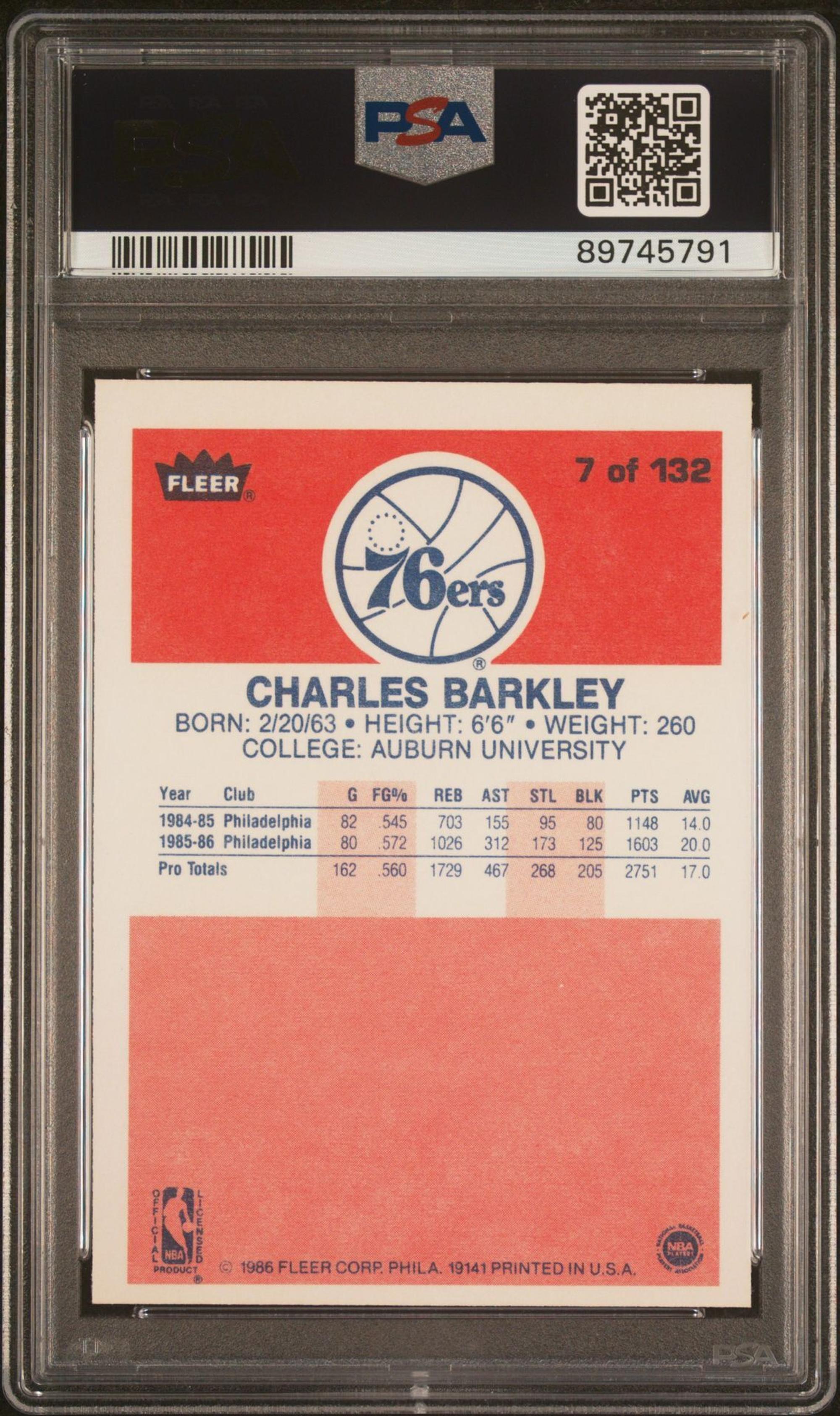 A 1986-87 Fleer Charles Barkley Rookie Basketball Card No. 7 (PSA 9 MINT)