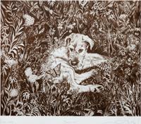 Two Works of Art depicting Irish Wolfhounds Larger: 15 7/8 x 17 7/8 inches.