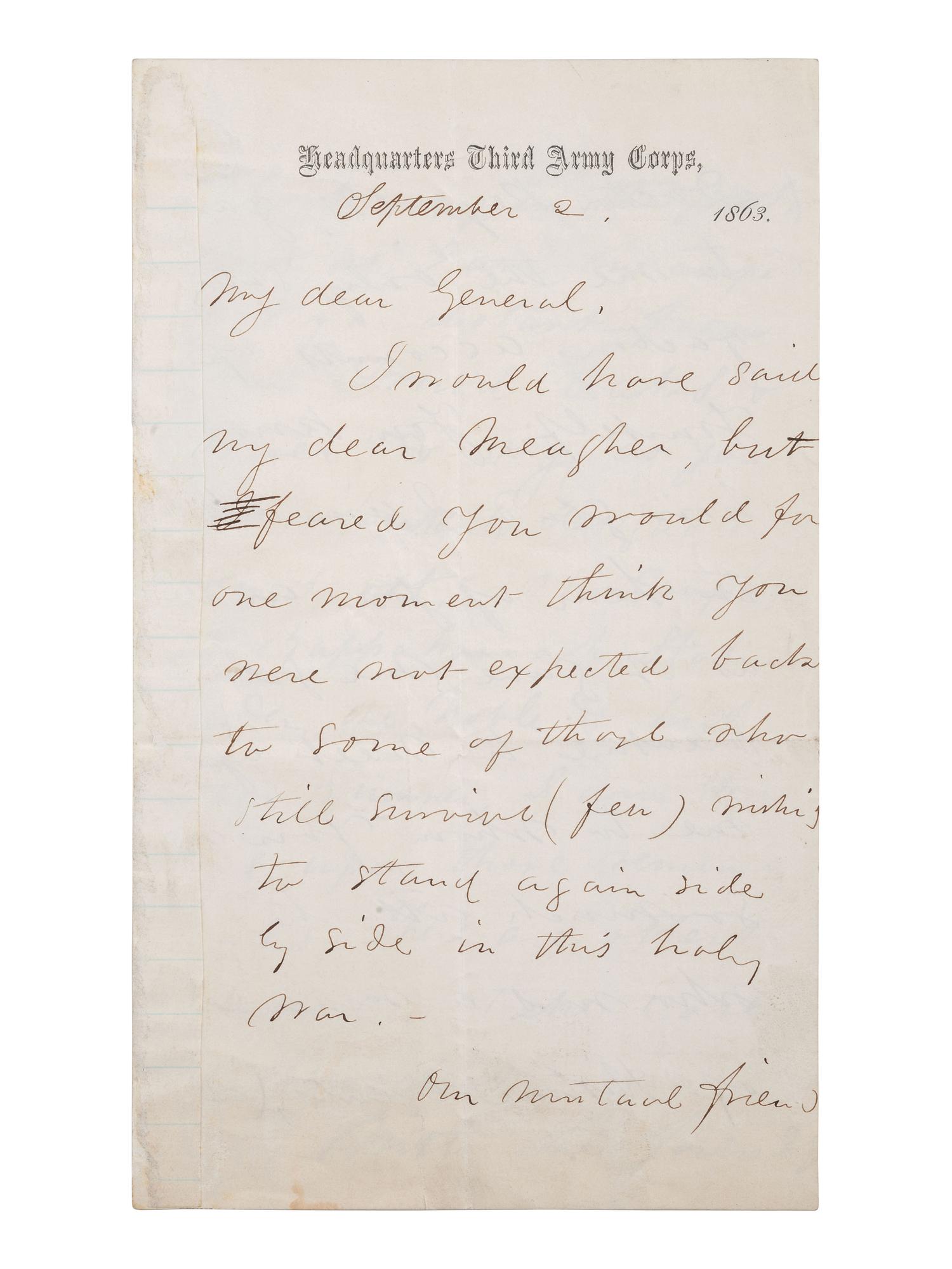 [CIVIL WAR]. ALS to General Thomas Meagher. Headquarters Third Army Corps, 2 September 1863.