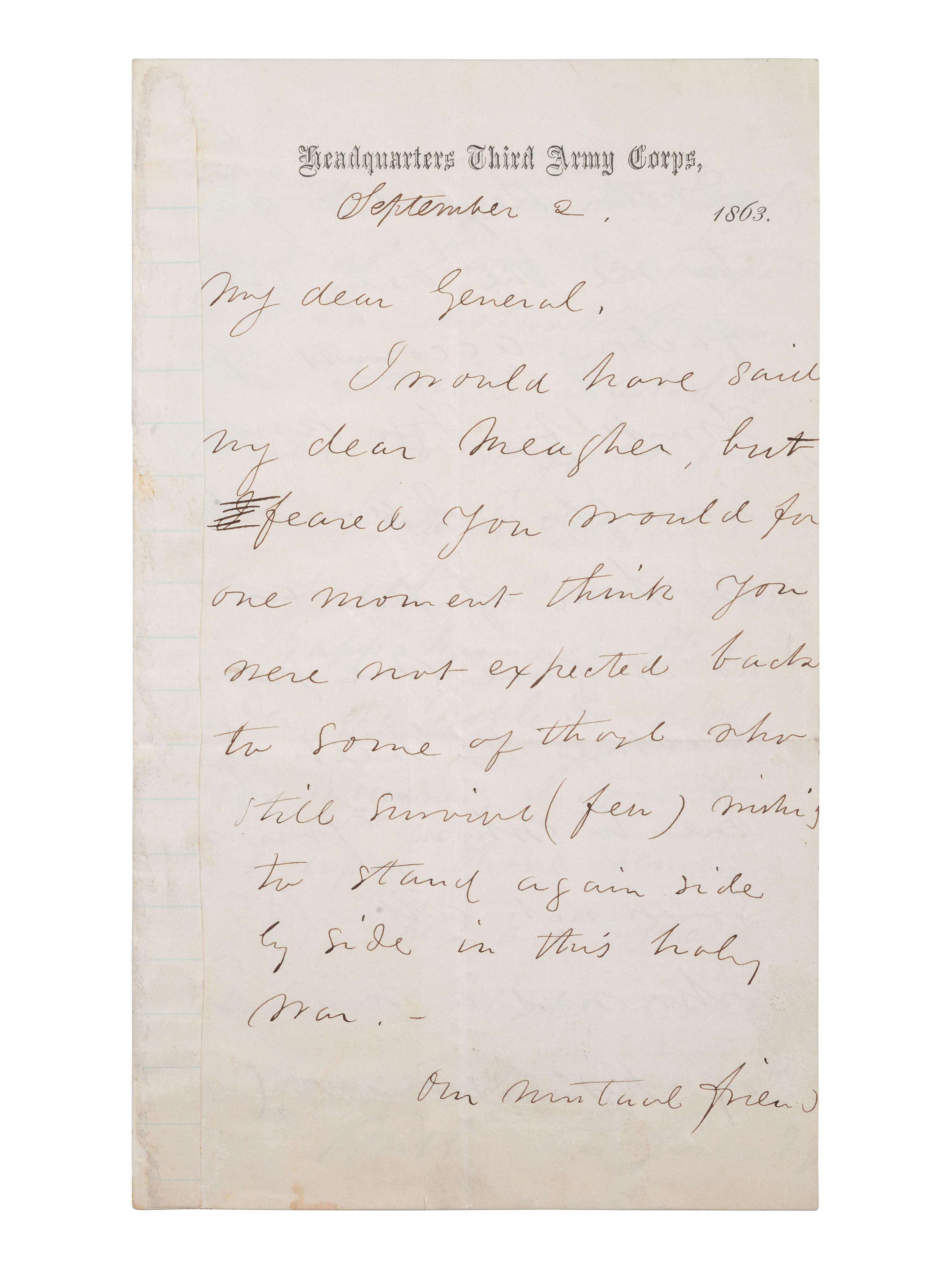 [CIVIL WAR]. ALS to General Thomas Meagher. Headquarters Third Army Corps, 2 September 1863.