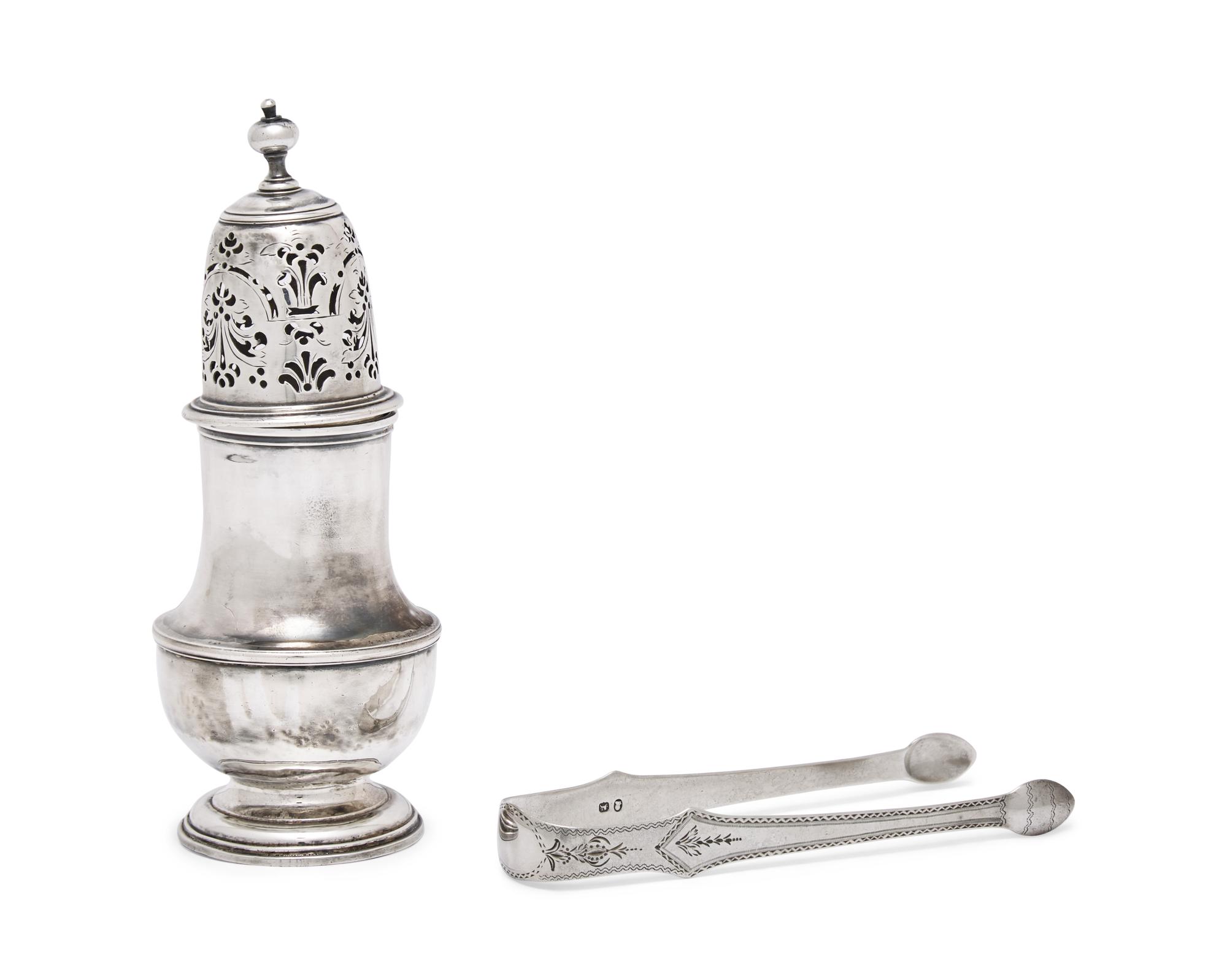 A George I Britannia Silver Caster and a George III Sterling Silver Sugar Tongs