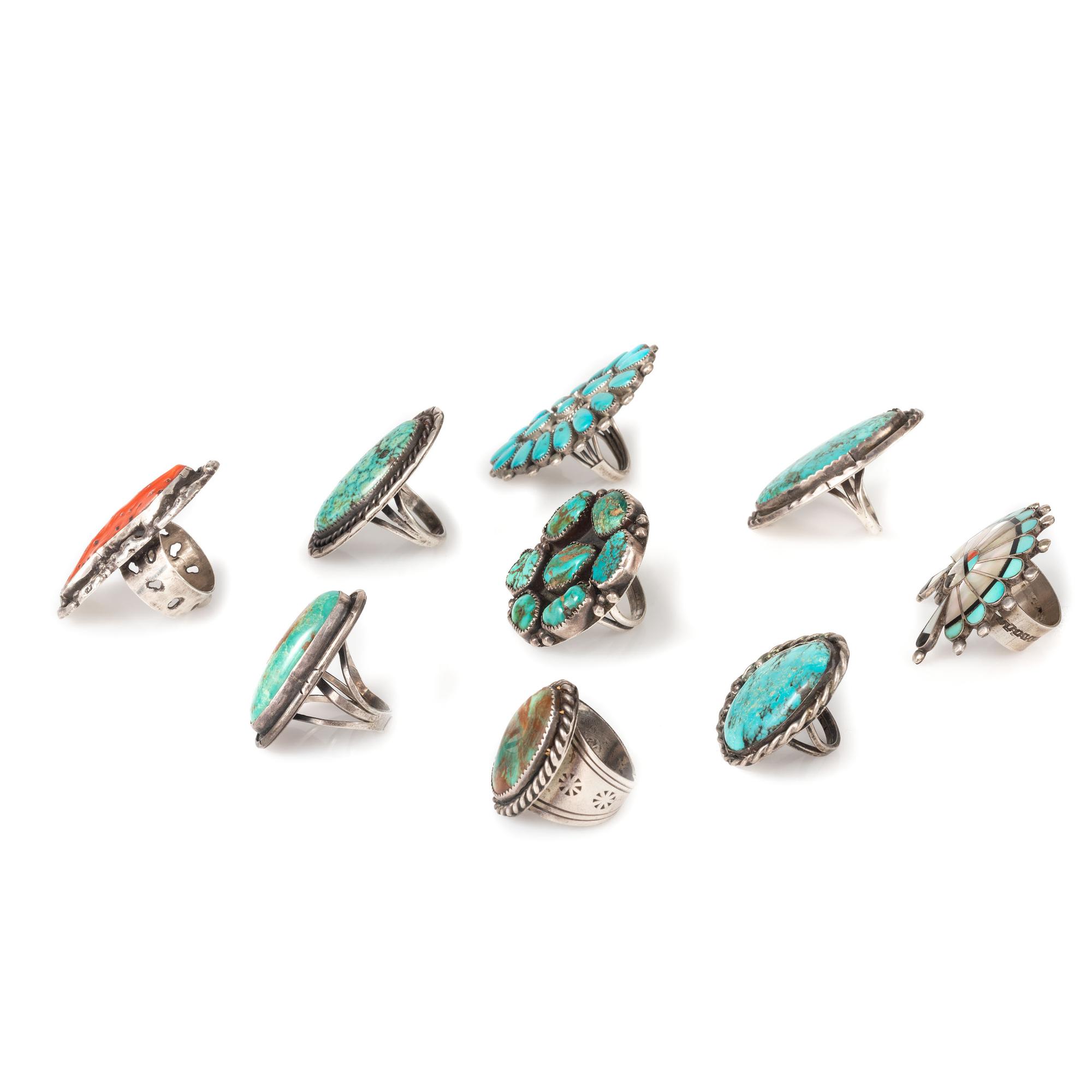 Group of Navajo and Zuni Silver Rings, with Inlay