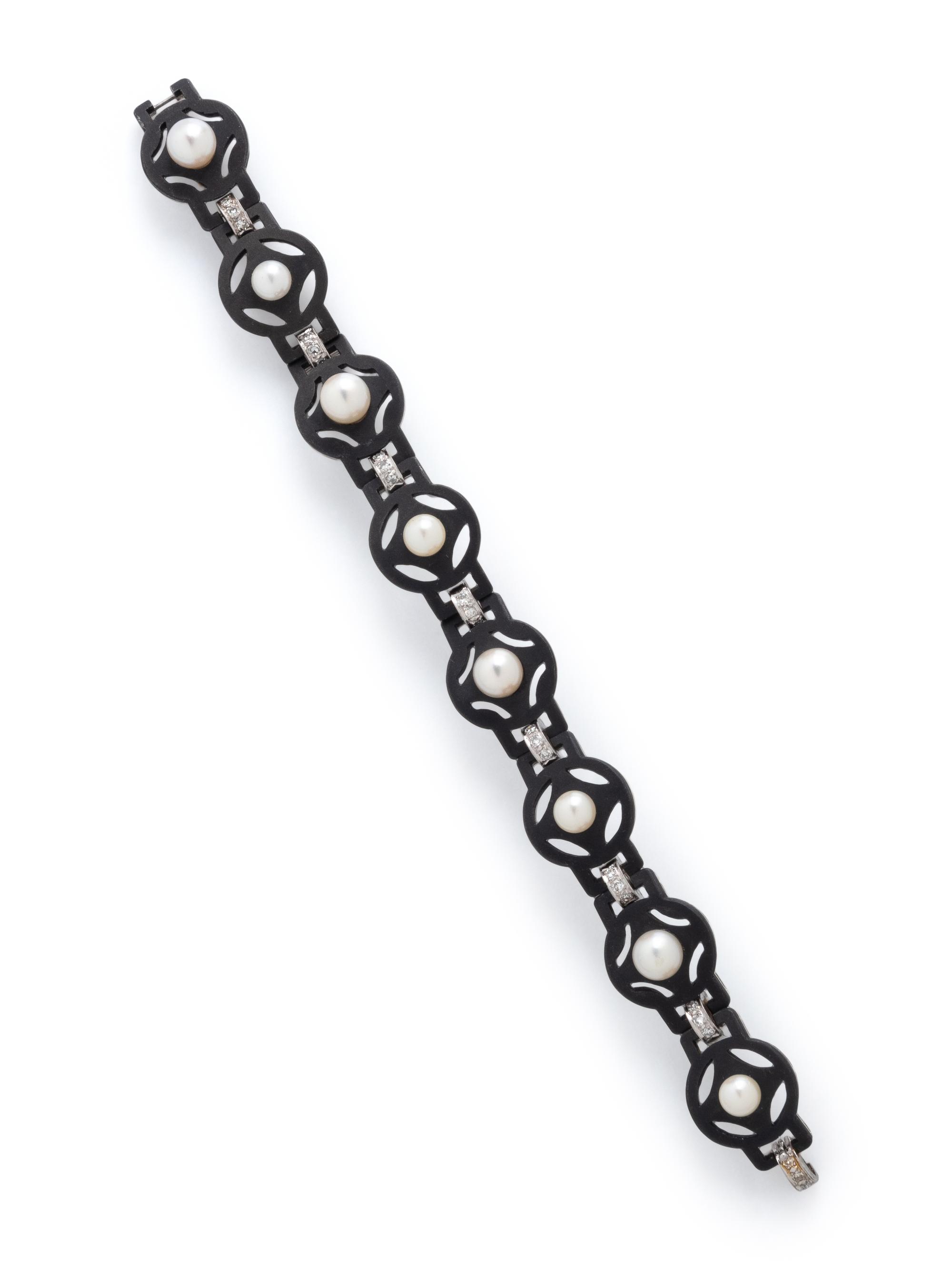 MARSH & CO., STEEL, DIAMOND, AND CULTURED PEARL BRACELET