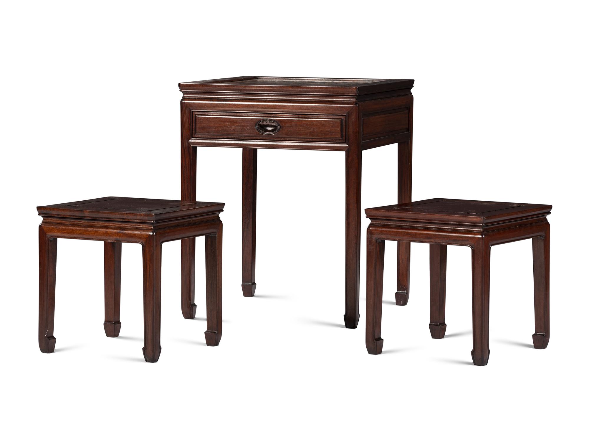 A Chinese Hardwood Inlaid Chess Table with Pair of Stools