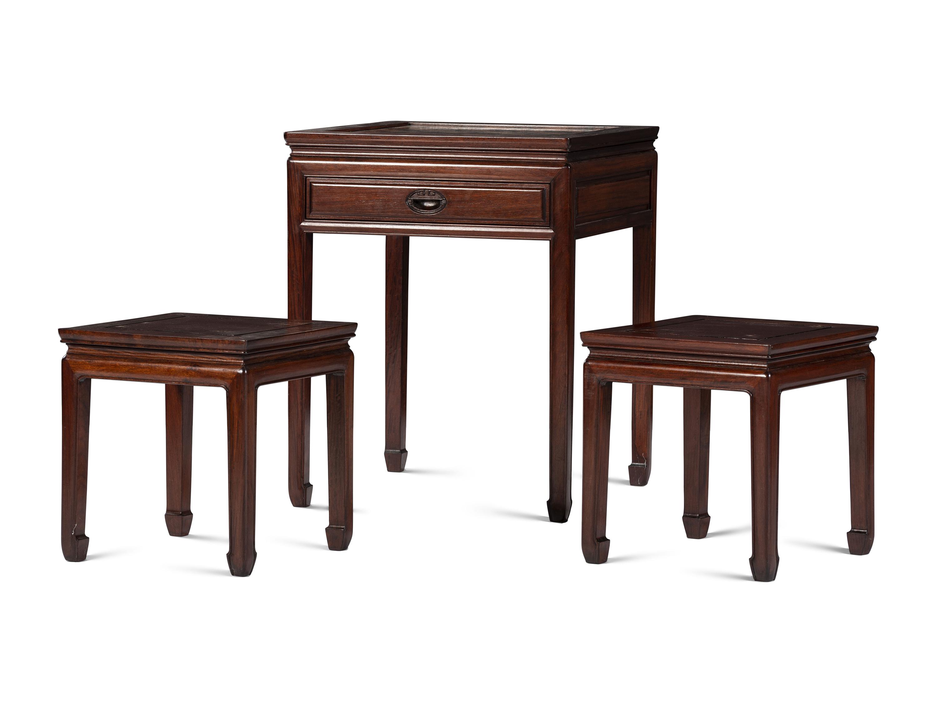 A Chinese Hardwood Inlaid Chess Table with Pair of Stools