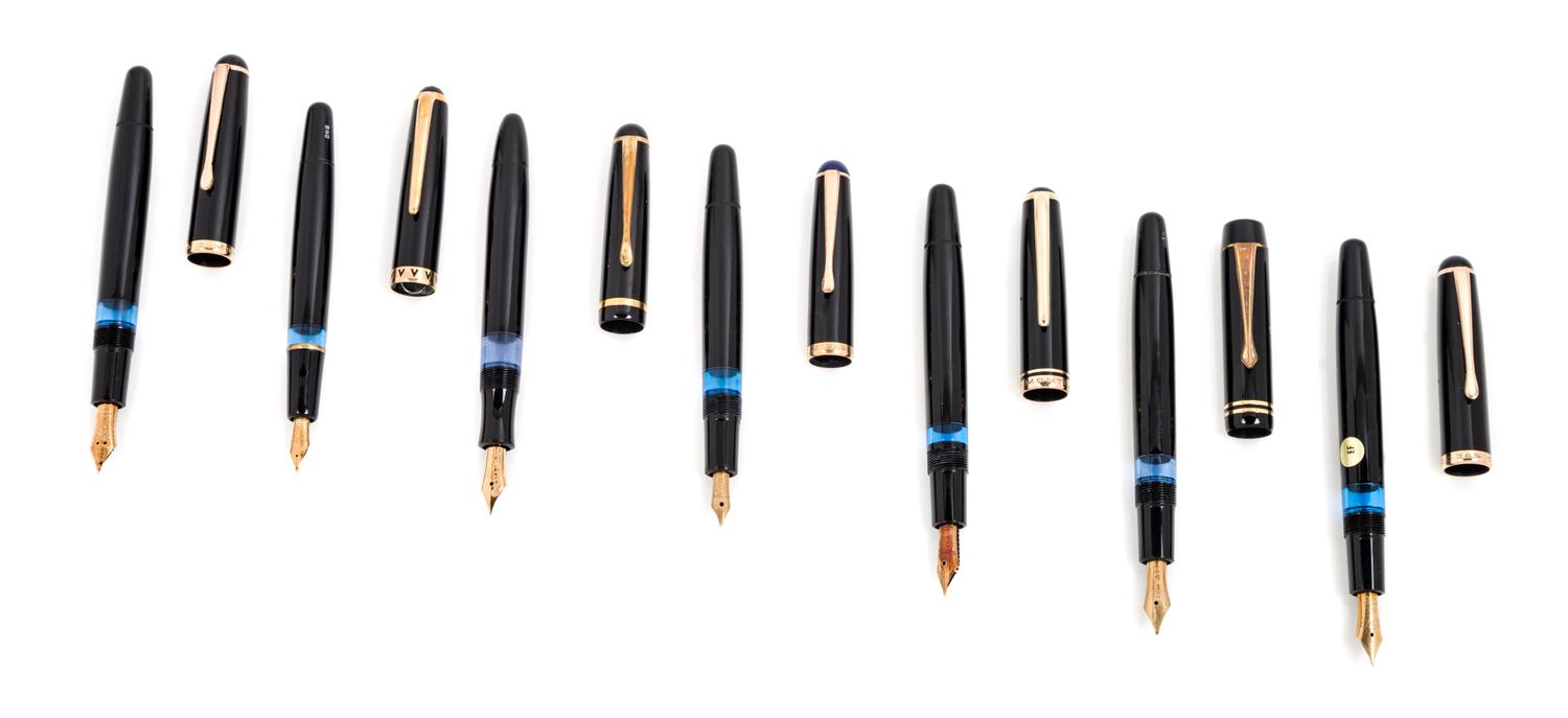 A Collection of Seven Montblanc Meisterstuck Fountain Pens Length of model '344' 5 1/4 inches.