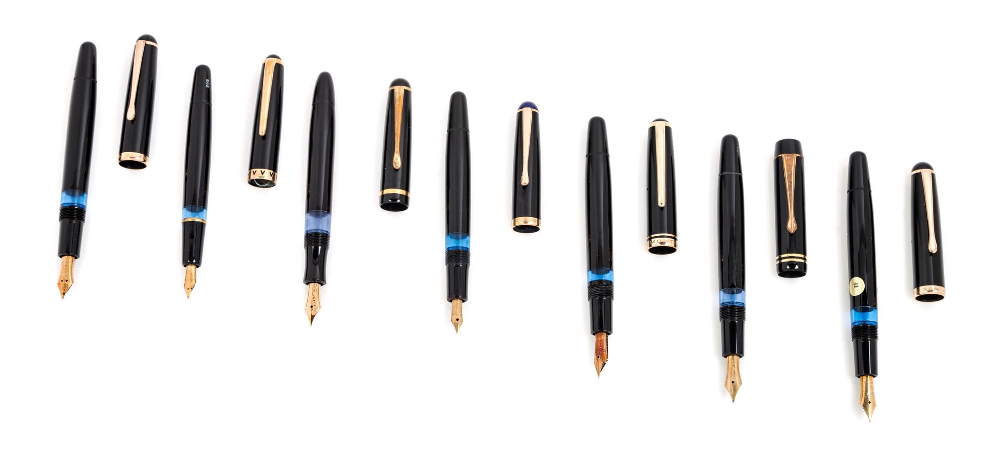 A Collection of Seven Montblanc Meisterstuck Fountain Pens Length of model '344' 5 1/4 inches.
