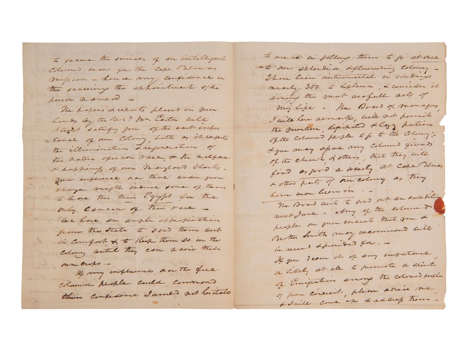 [LIBERIA]. Letter from an American Colonization Society agent regarding a freeman named Cocoa. 1836.