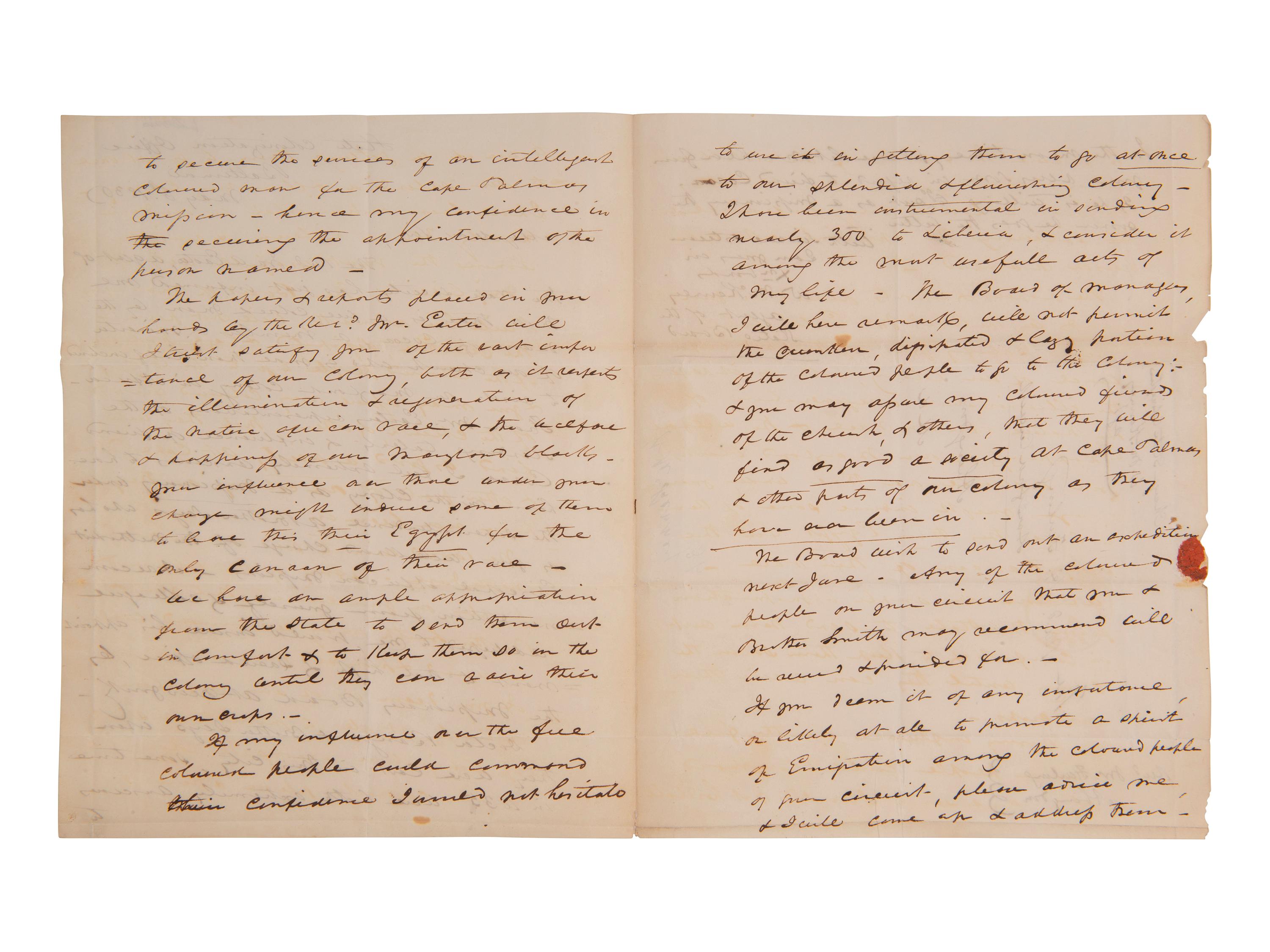 [LIBERIA]. Letter from an American Colonization Society agent regarding a freeman named Cocoa. 1836.