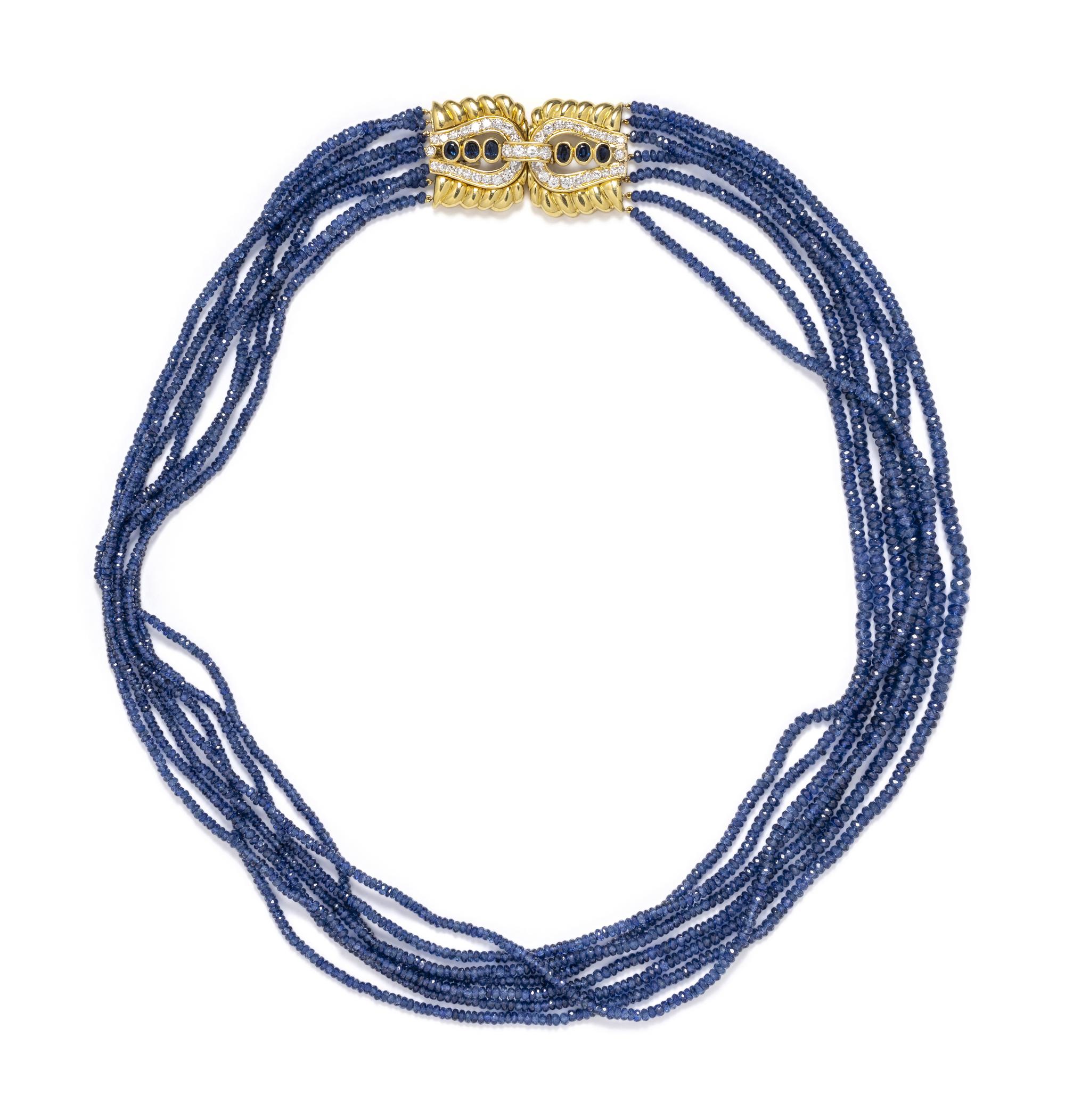 YELLOW GOLD, SAPPHIRE AND DIAMOND BEAD NECKLACE