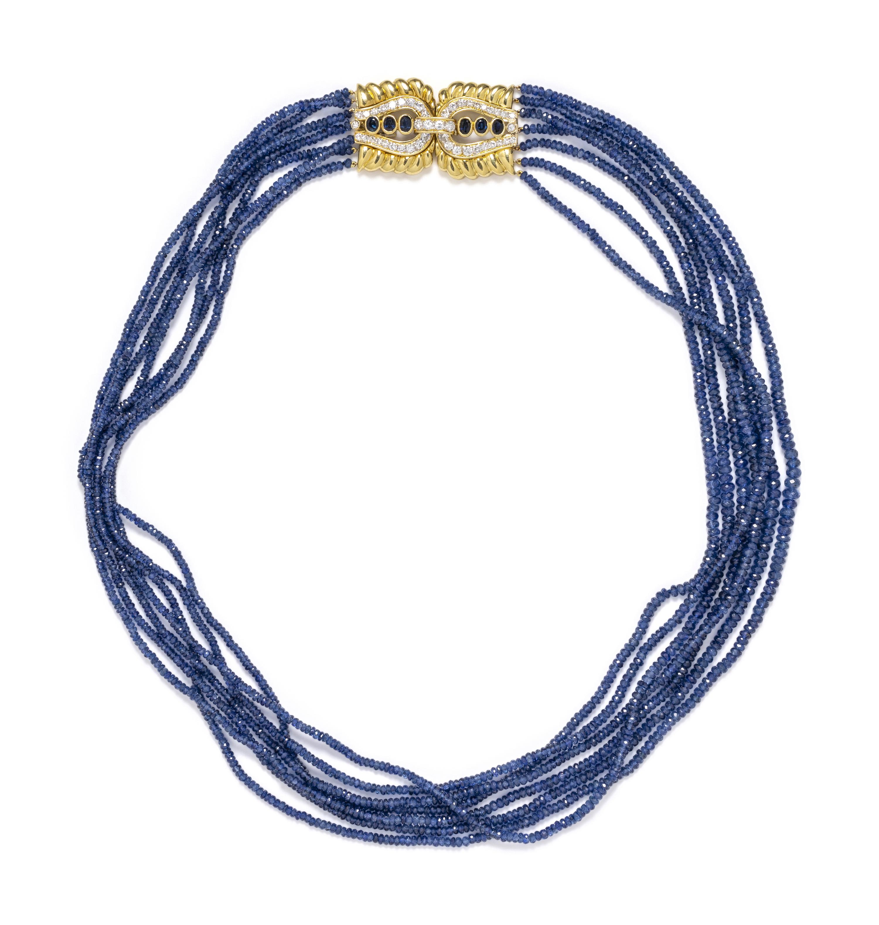 YELLOW GOLD, SAPPHIRE AND DIAMOND BEAD NECKLACE