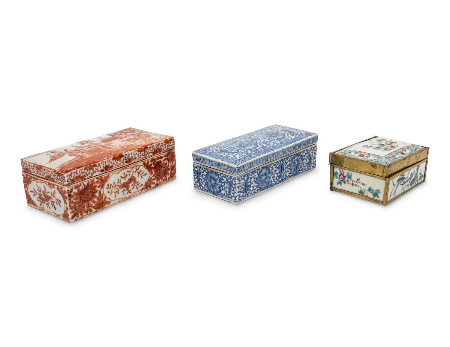 Three Chinese Porcelain Rectangular Covered Boxes