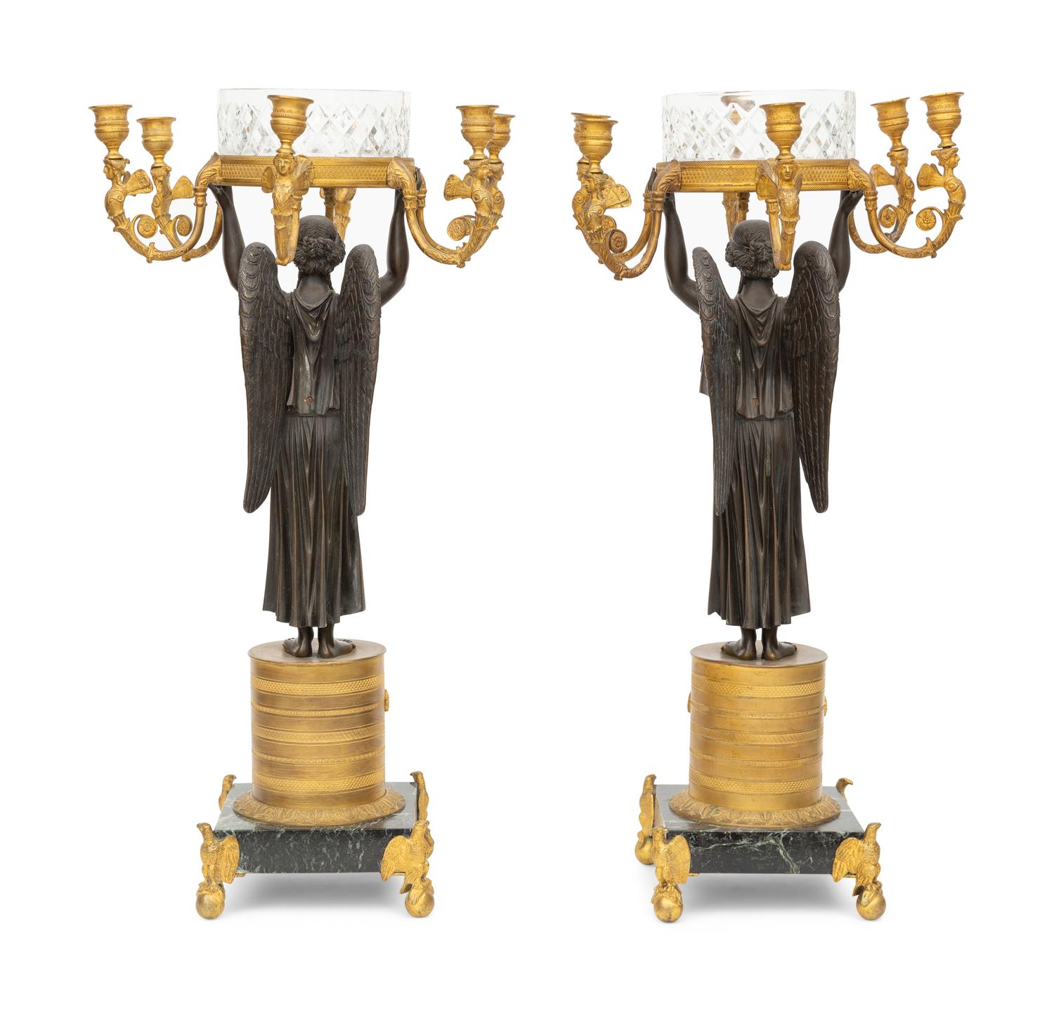 A Pair of Empire Style Gilt and Patinated Bronze and Cut Glass Six-Light Candelabra
