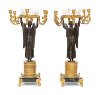 A Pair of Empire Style Gilt and Patinated Bronze and Cut Glass Six-Light Candelabra