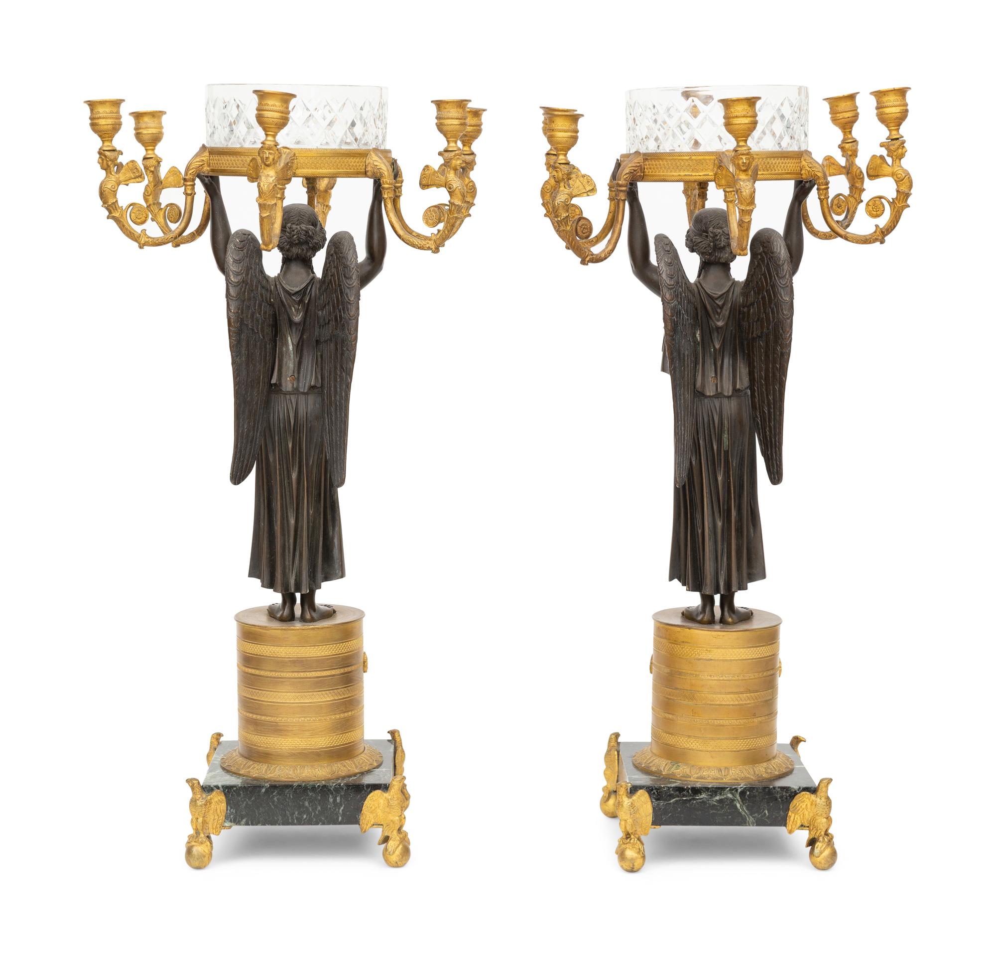 A Pair of Empire Style Gilt and Patinated Bronze and Cut Glass Six-Light Candelabra