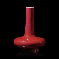 A Small Chinese Ruby-Red Glazed Small Porcelain Vase, Biqiping, Late Qing-Republican Period — 晚清-民國 寶石紅釉小荸薺瓶