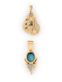 TWO YELLOW GOLD AND DIAMOND PENDANTS WITH BLUE TOPAZ AND EMERALDS