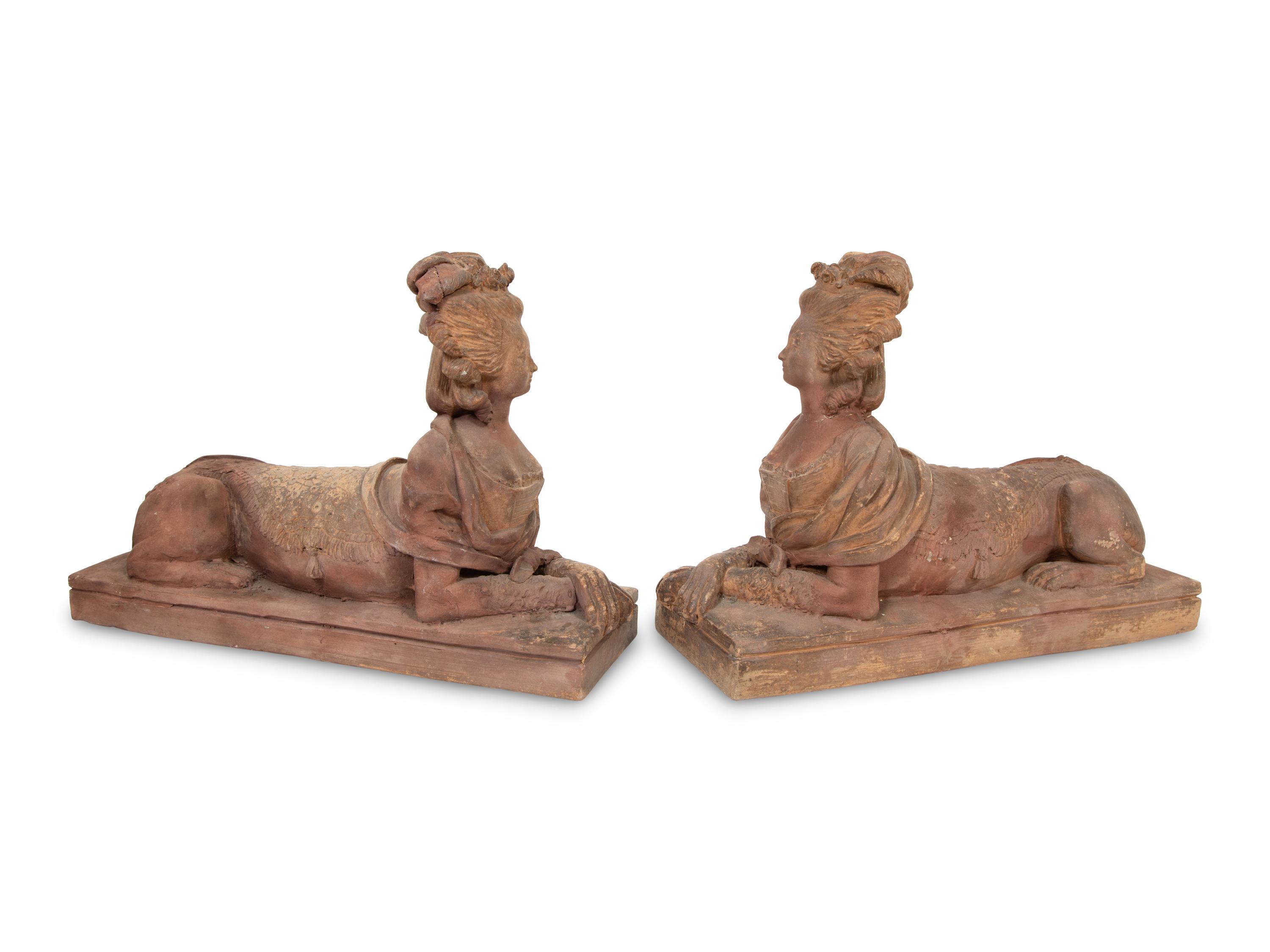 A Pair of French Terracotta Models of Sphinxes