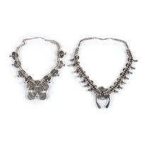 Pair of Navajo Silver and Turquoise Squash Blossom Necklaces