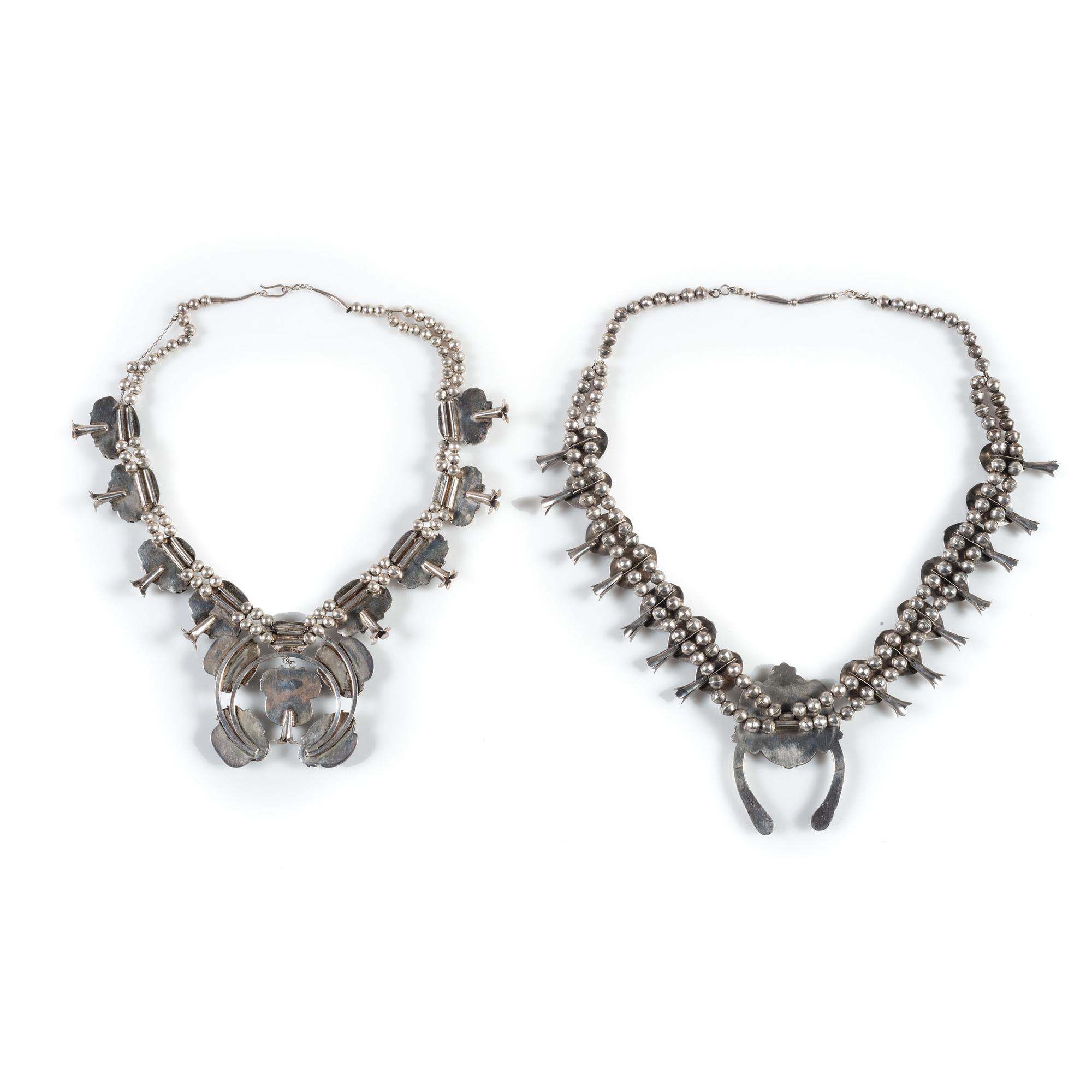 Pair of Navajo Silver and Turquoise Squash Blossom Necklaces