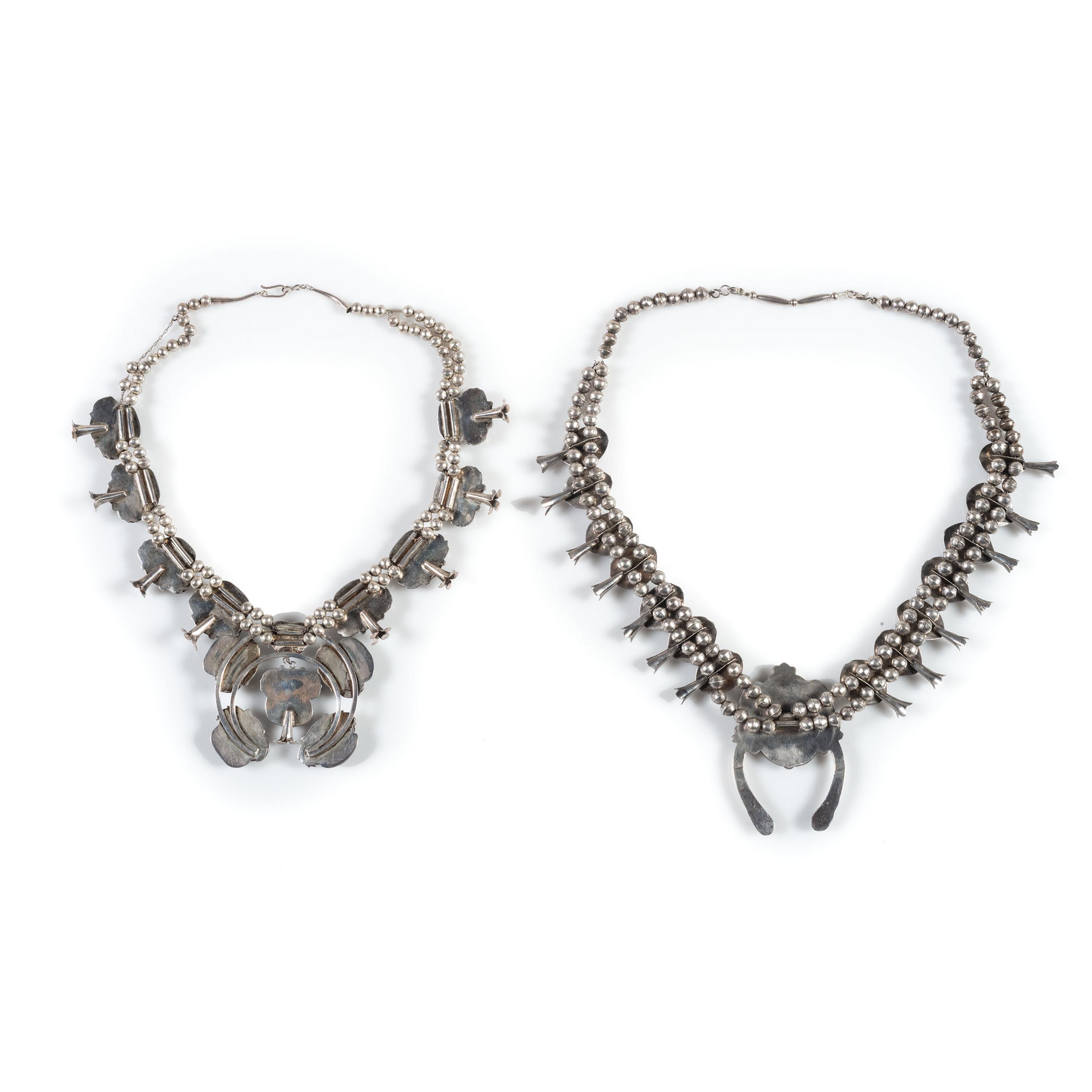 Pair of Navajo Silver and Turquoise Squash Blossom Necklaces