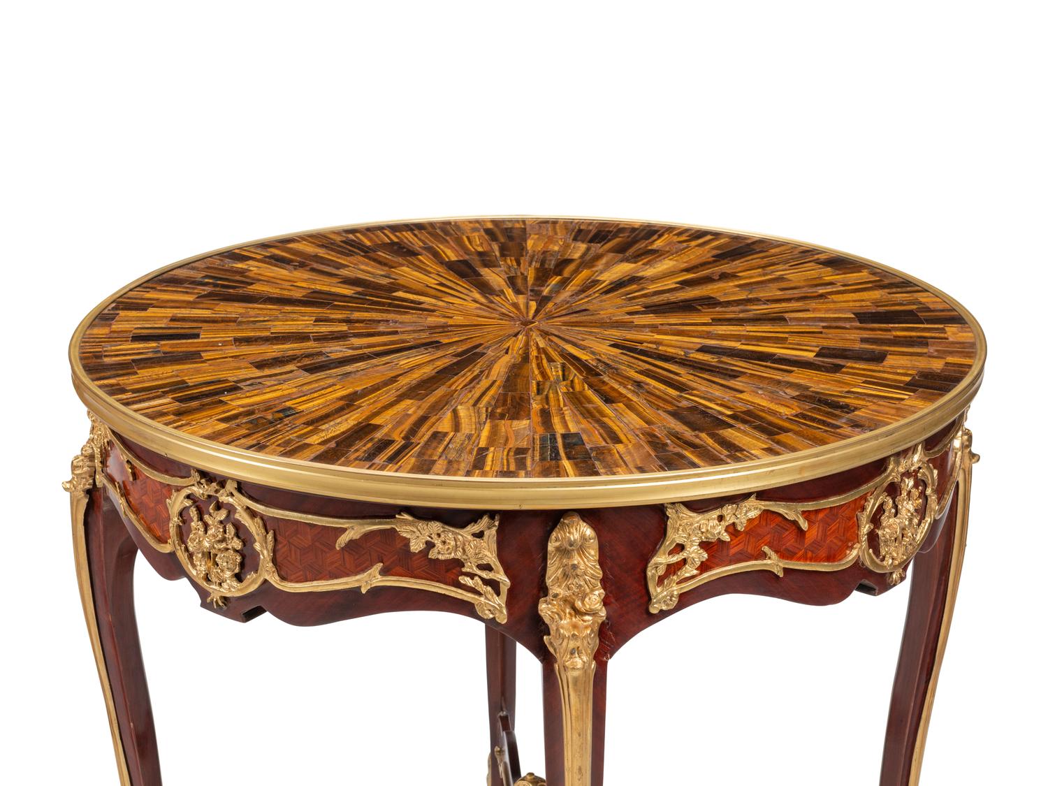 A Pair of Louis XV Style Gilt Bronze Mounted Parquetry Tables with Tiger’s Eye Tops