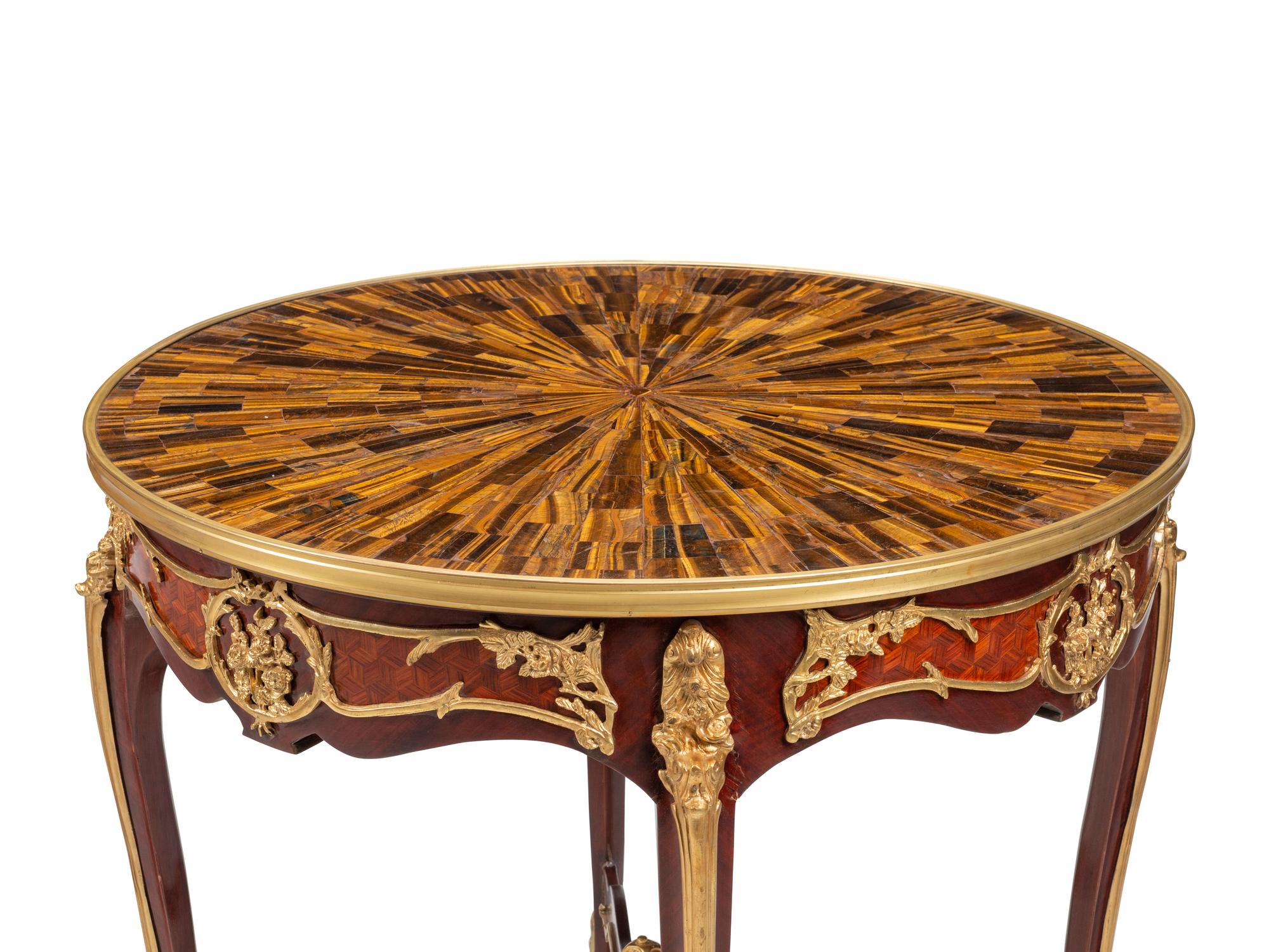 A Pair of Louis XV Style Gilt Bronze Mounted Parquetry Tables with Tiger’s Eye Tops
