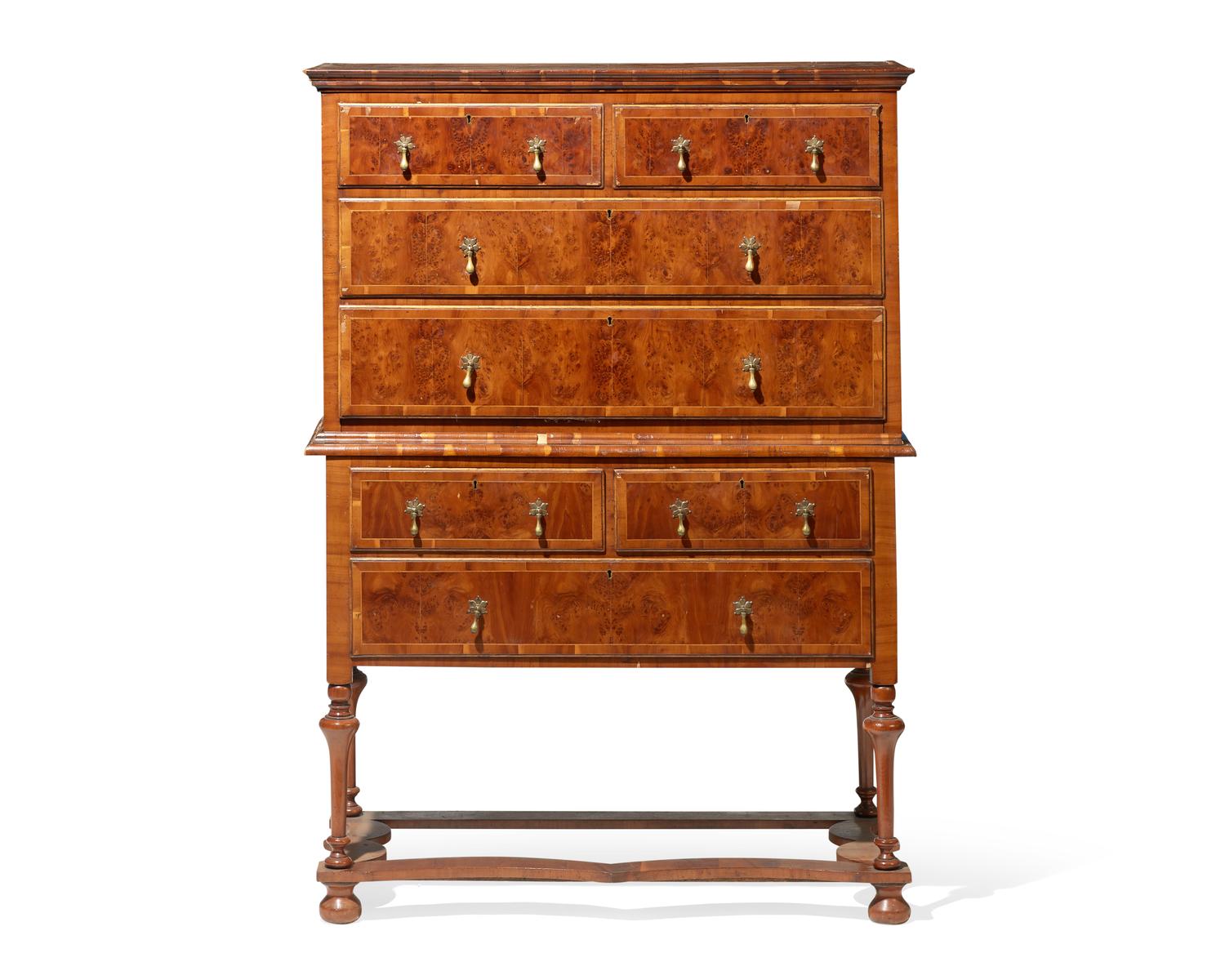 A William & Mary style burl walnut and elm veneered and crossbanded high chest of drawers, late 19th / early 20th century
