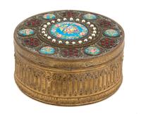 A French Gilt Bronze Jeweled and Enameled Covered Box Height 2 x diameter 4 1/2 inches. — 19TH CENTURY