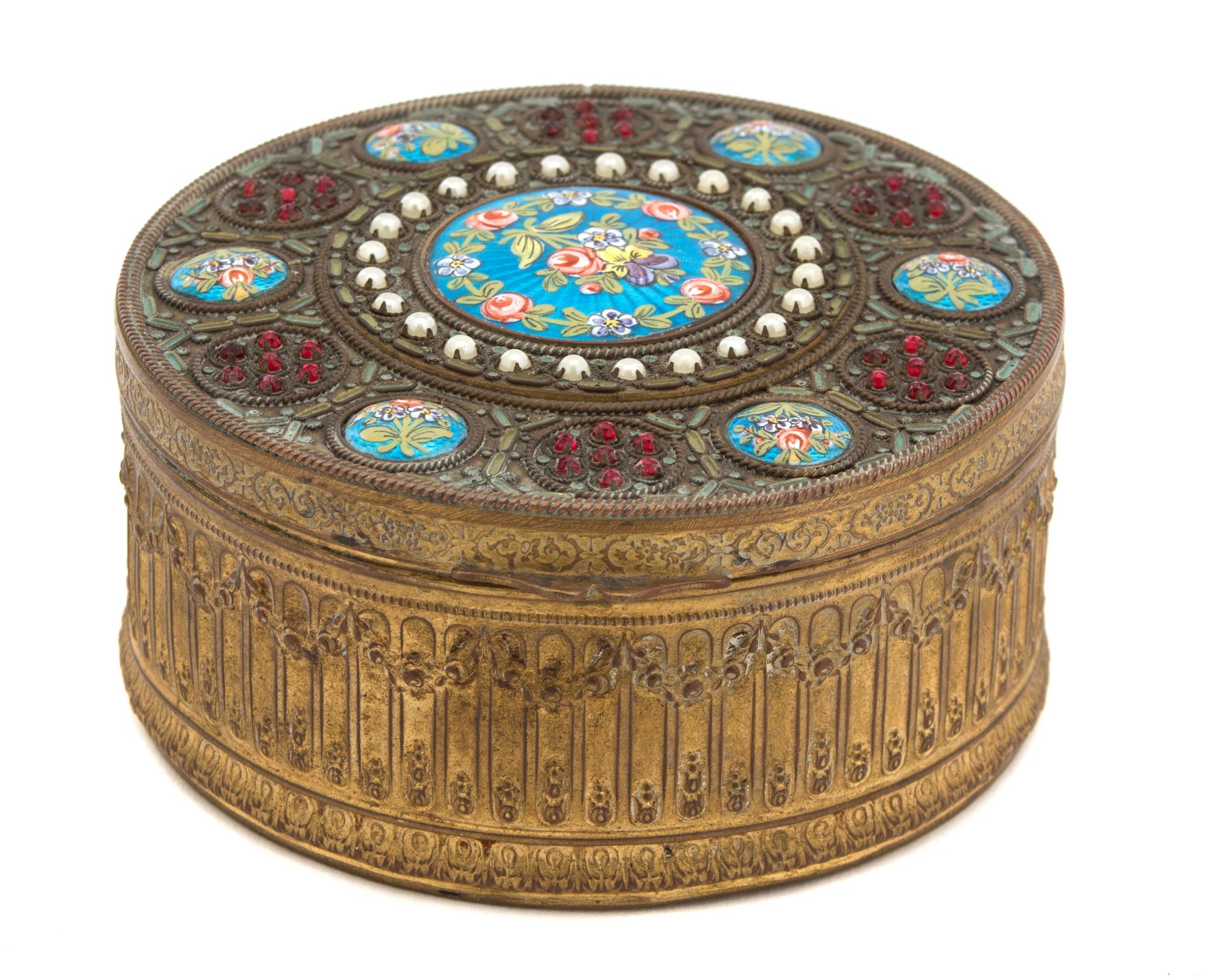 A French Gilt Bronze Jeweled and Enameled Covered Box Height 2 x diameter 4 1/2 inches. — 19TH CENTURY