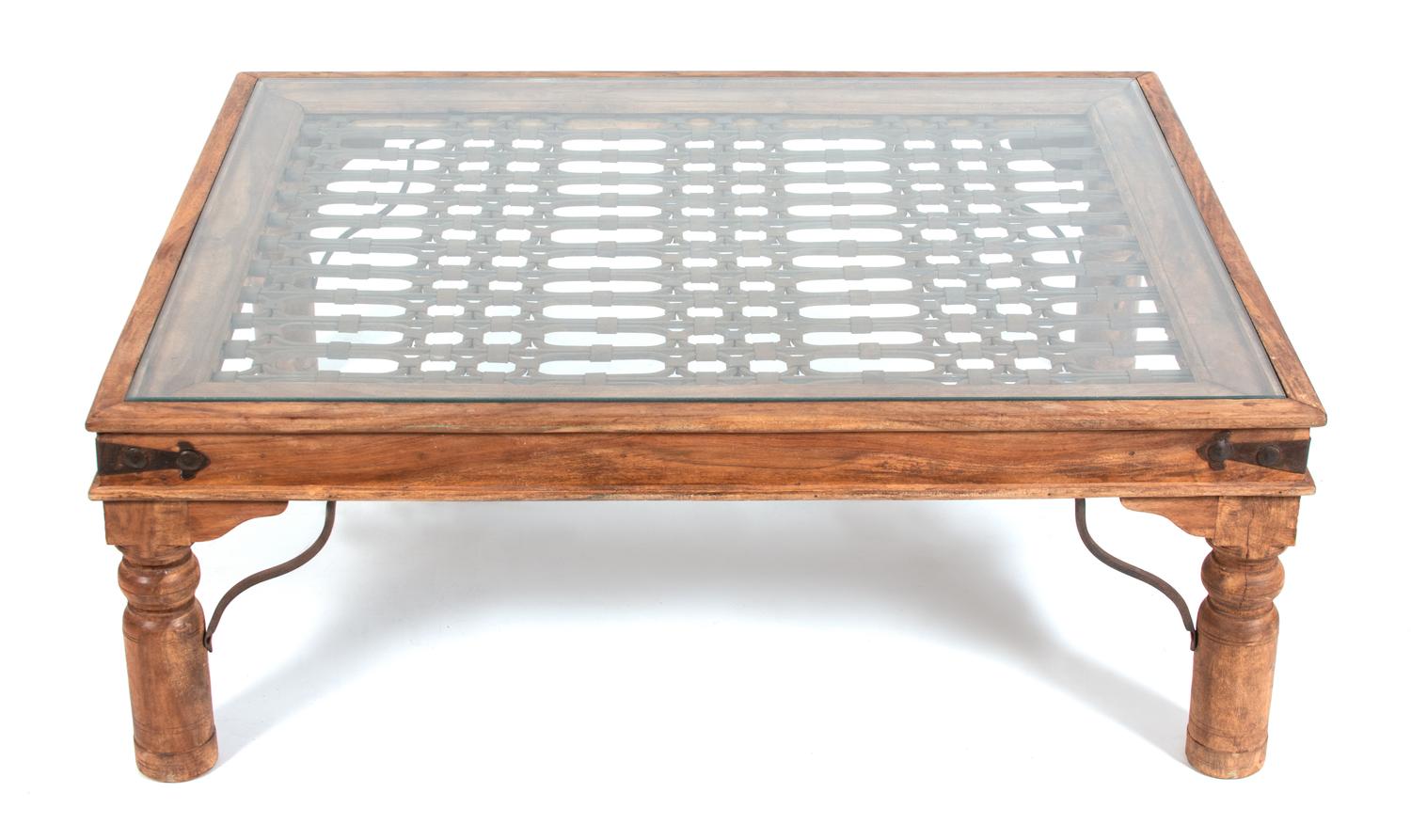 A Gothic Style Low Table Having Repurposed Inset Iron Gate Height 15 1/2 x width 35 1/2 x depth 35 1/2 inches. — 20TH CENTURY