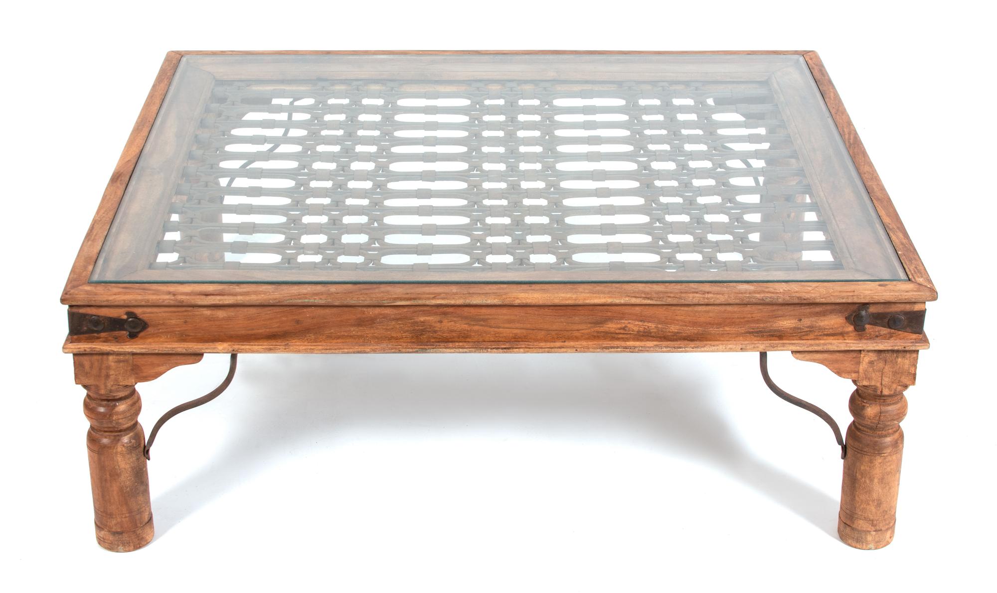 A Gothic Style Low Table Having Repurposed Inset Iron Gate Height 15 1/2 x width 35 1/2 x depth 35 1/2 inches. — 20TH CENTURY